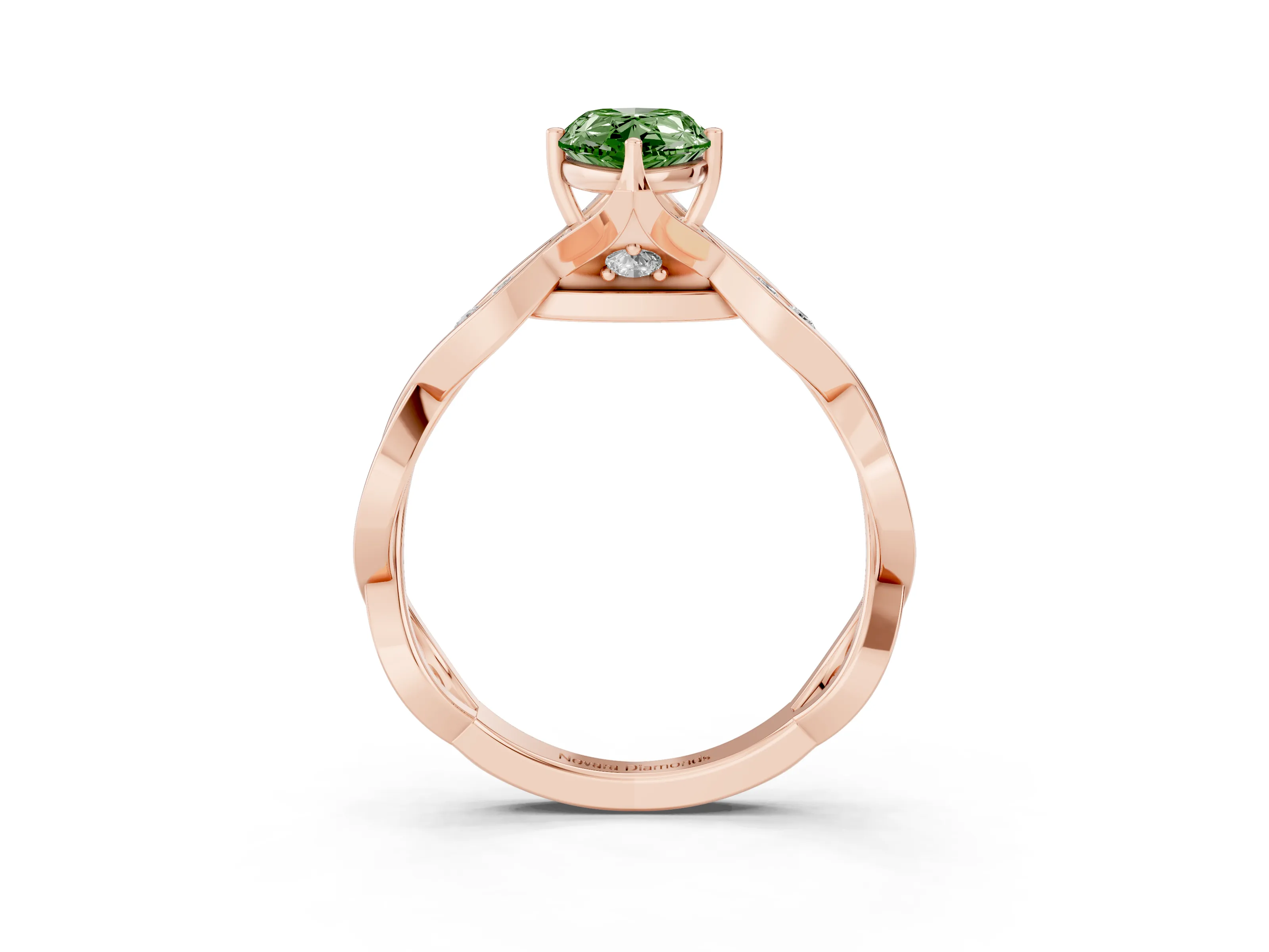 Fancy Green Pear Cut Diamond Twist Band Solitaire Ring Set in Rose gold with Leaf Prong Setting and Accent Stones
