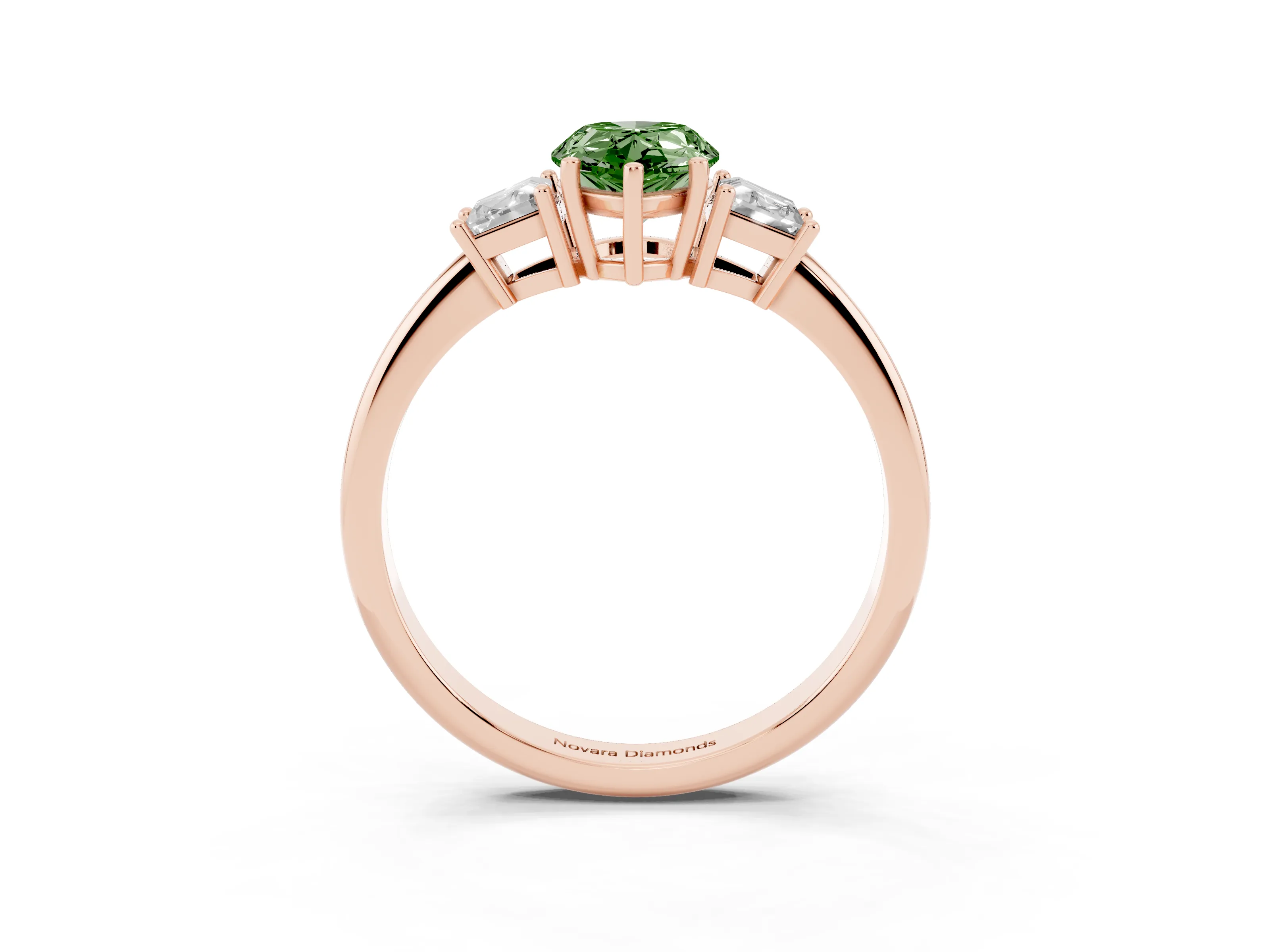 Fancy Green Pear Cut Diamond Three-Stone Ring Set in Rose gold with Trapezoid Side Stones and Prong Setting