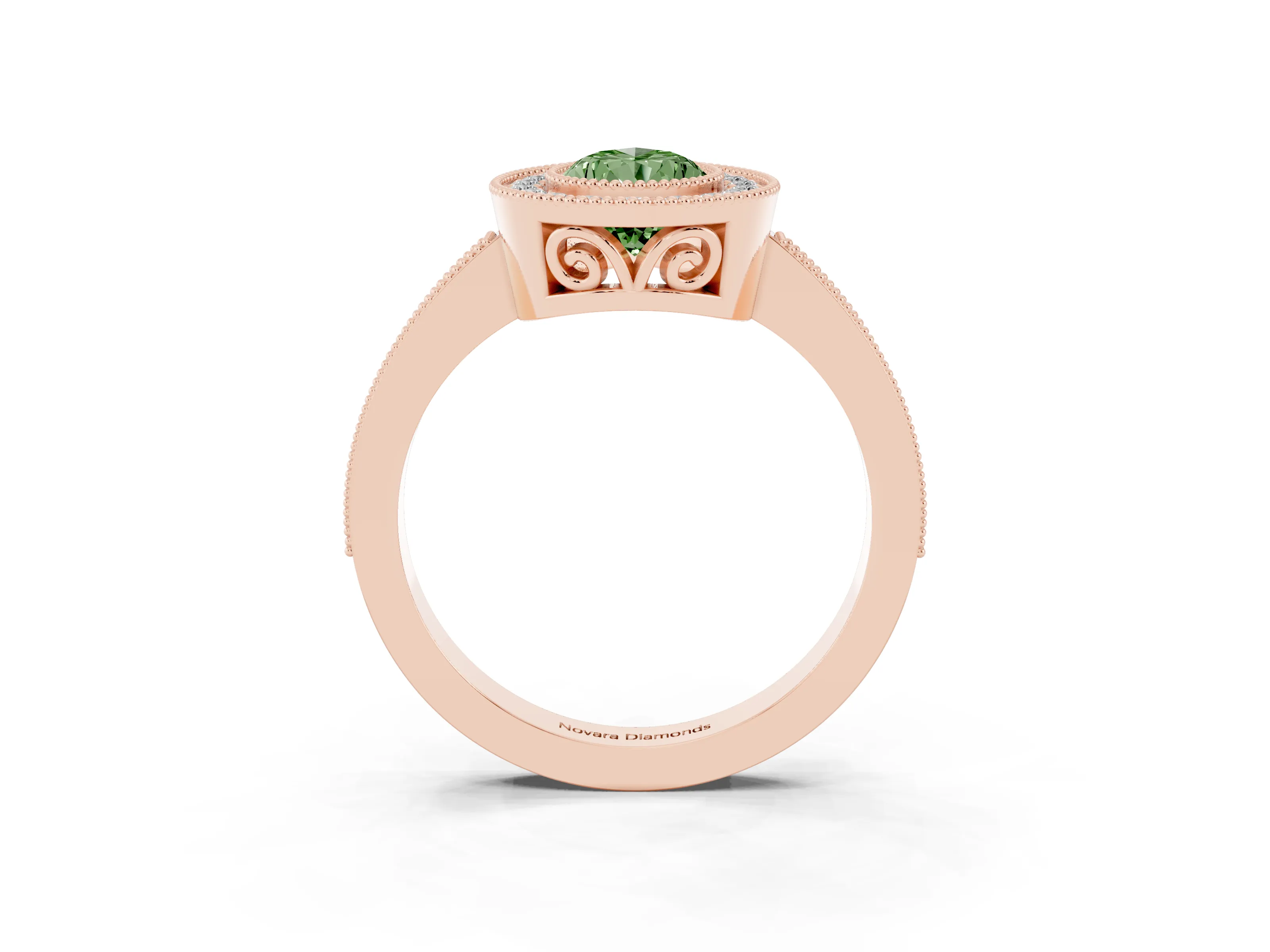 Fancy Green Pear Cut Diamond Halo Ring Set in Rose gold with Pavé Band and Milgrain-Edged Prongs