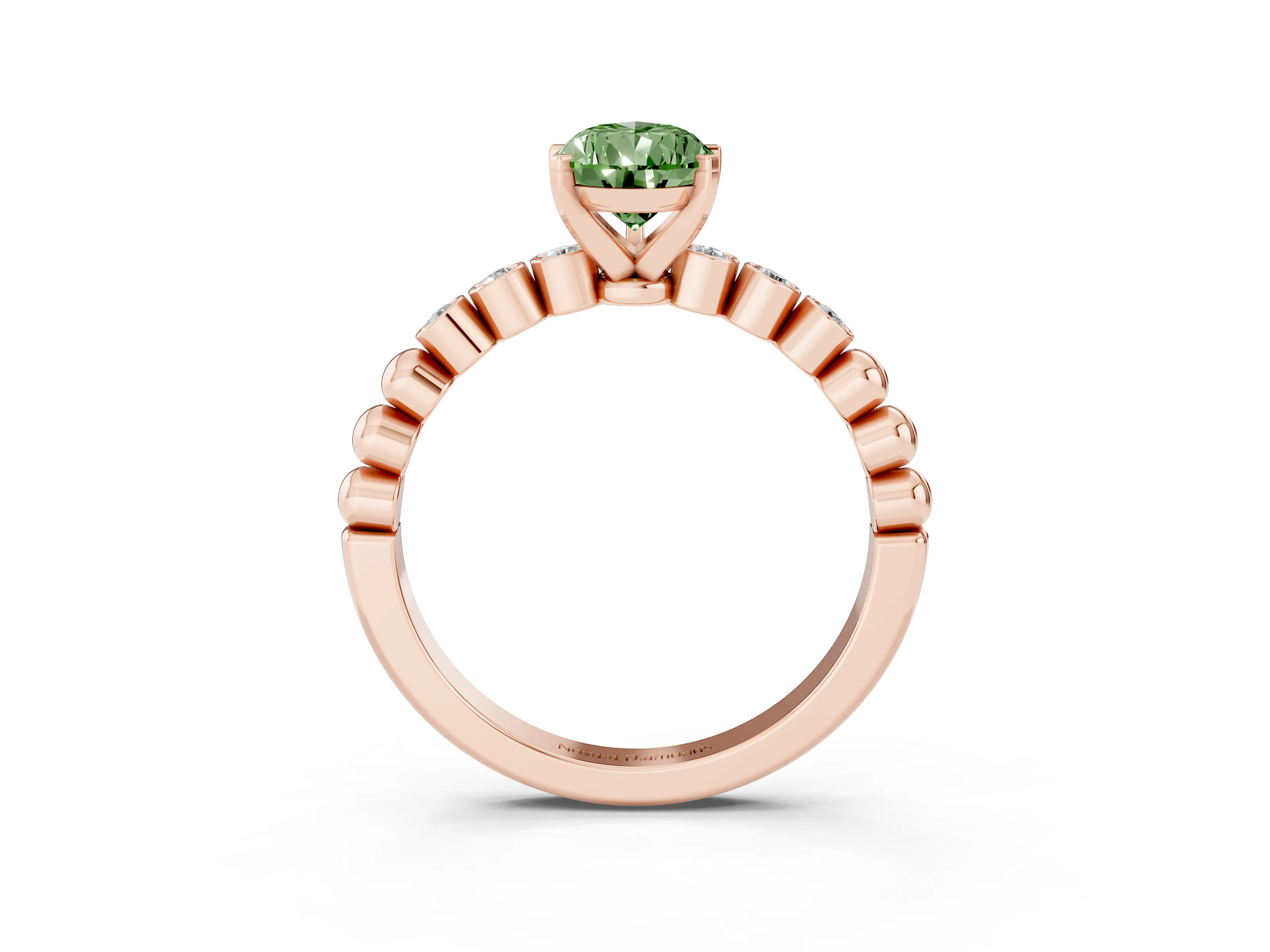 Fancy Green Pear Cut Diamond Solitaire Engagement Ring Set in Rose gold with Bezel Accents on Beaded Band