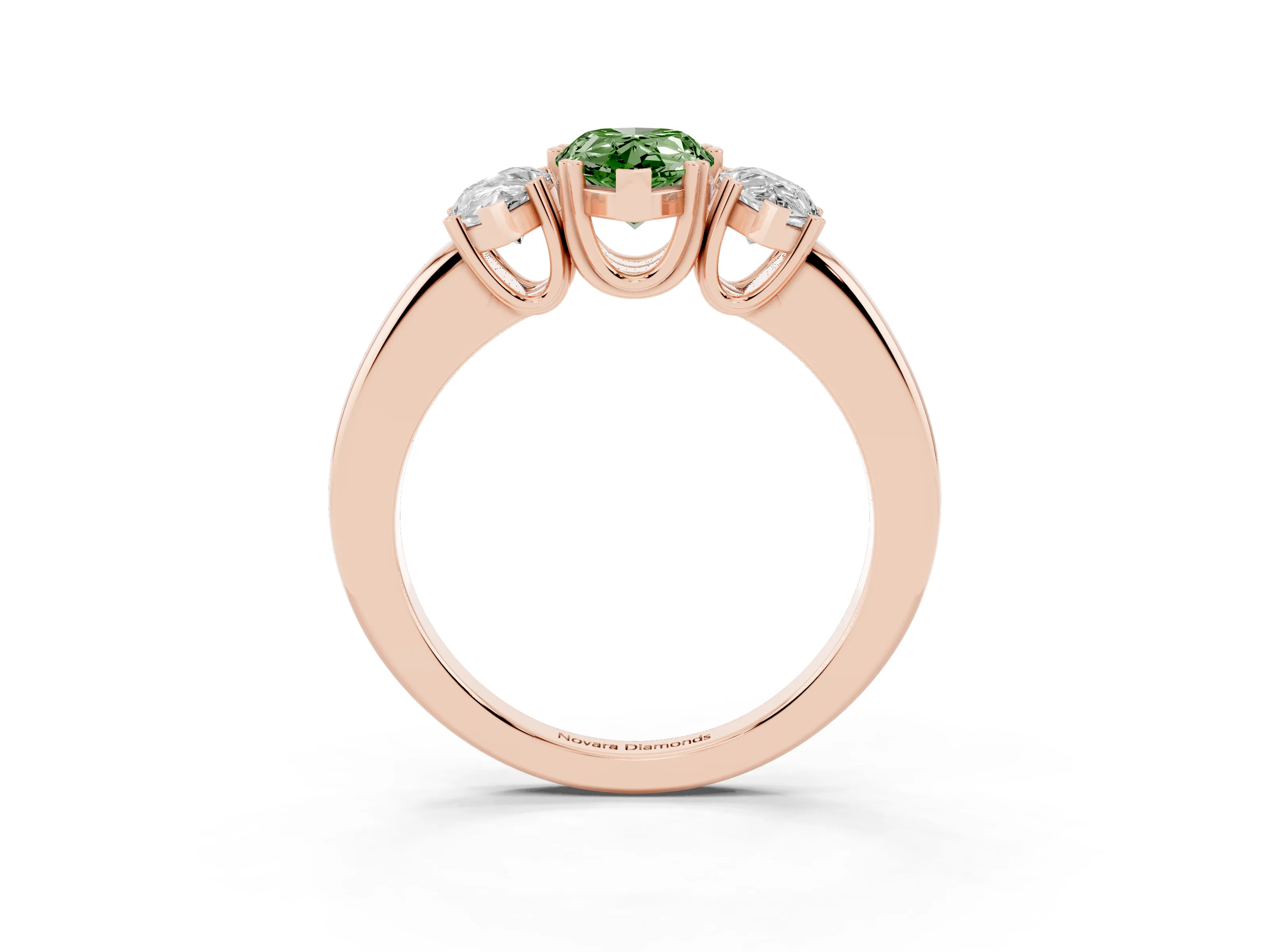 Fancy Green Pear Cut Diamond Three-Stone Ring Set in Rose gold with Polished Channel-Set Band