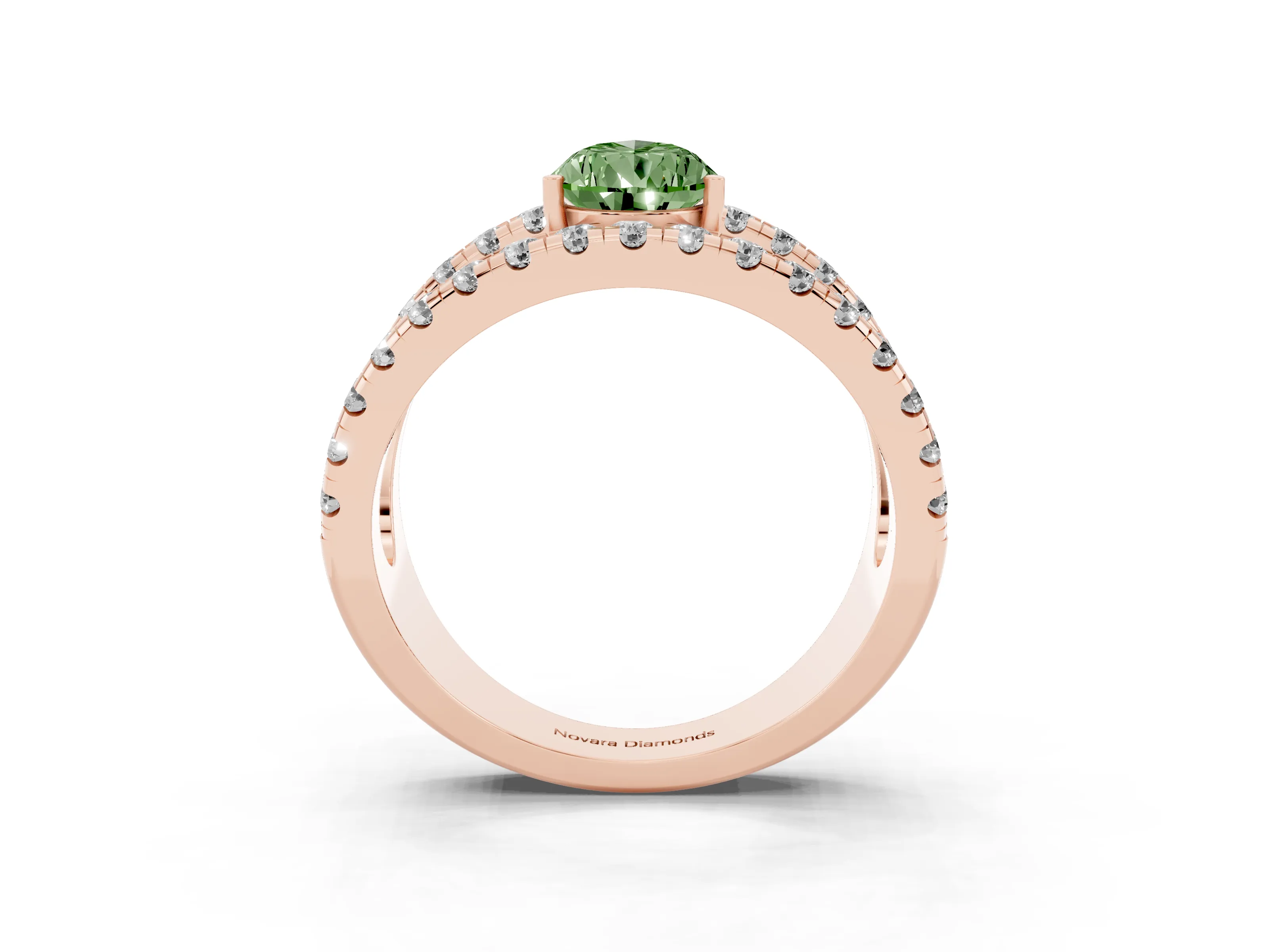 Fancy Green Pear Cut Diamond Split Shank Pavé Solitaire Ring Set in Rose gold with Open Shank Design