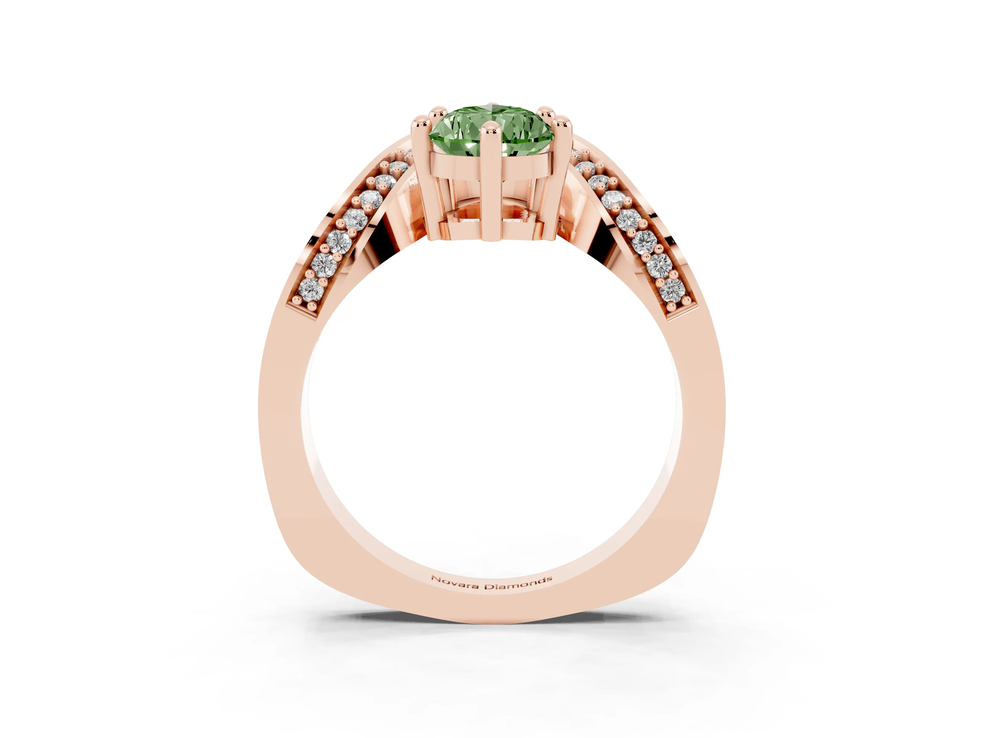 Fancy Green Pear Cut Diamond Solitaire Engagement Ring Set in Rose gold with Pavé Shoulders