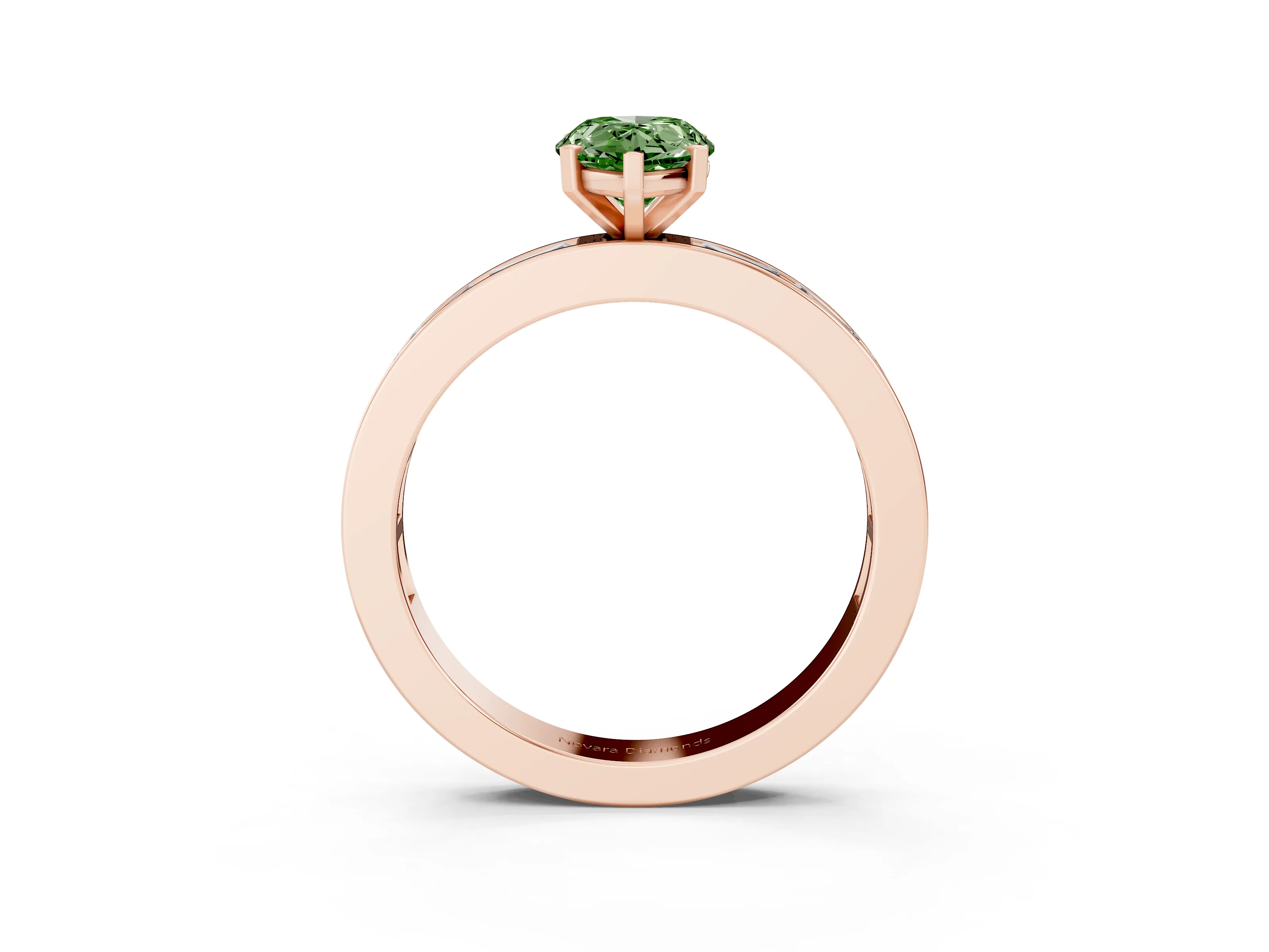 Fancy Green Pear Cut Diamond Solitaire Ring Set in Rose gold with Channel-Set Baguette Band and Prong Setting
