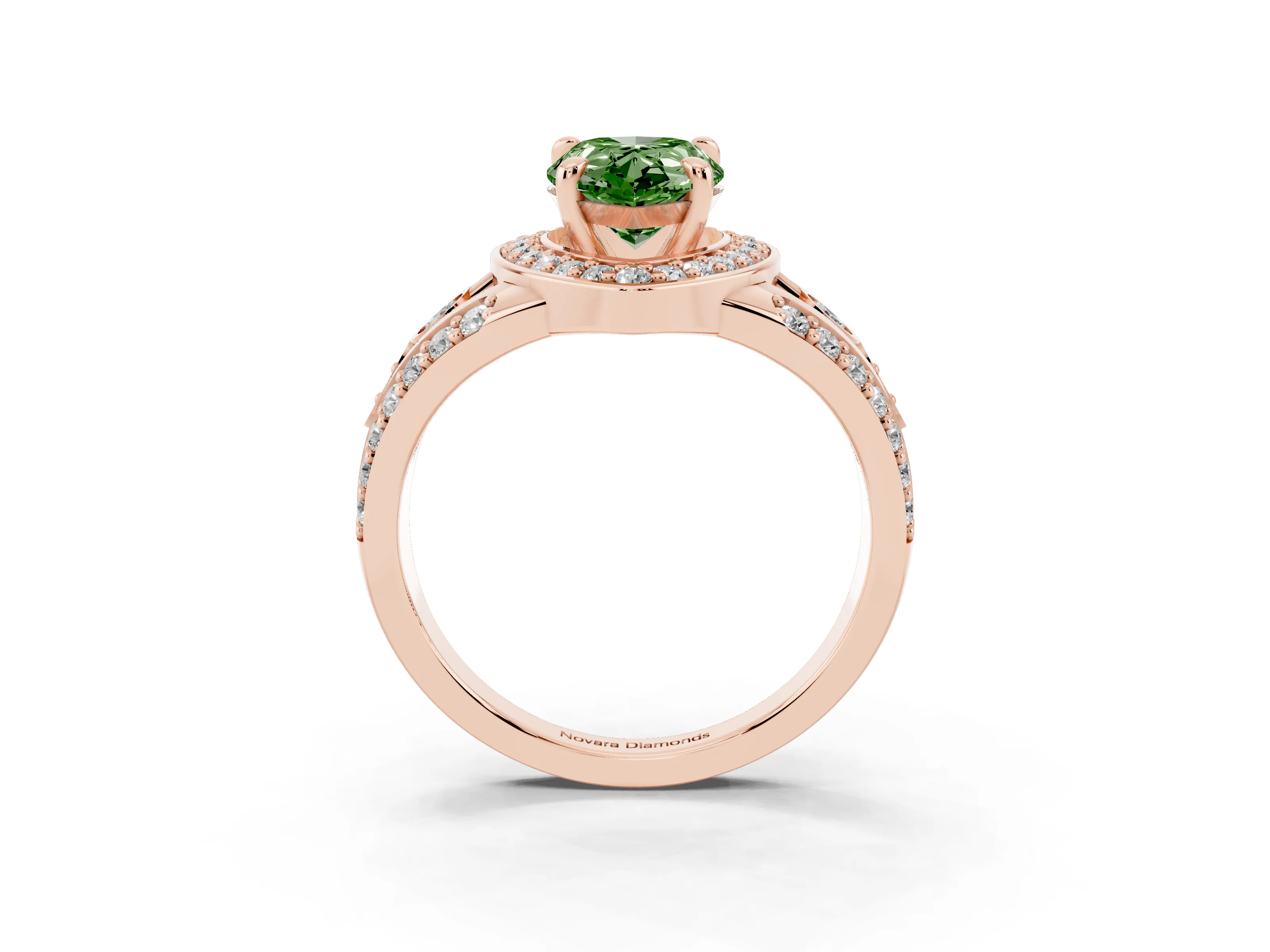 Fancy Green Pear Cut Diamond Halo Ring Set in Rose gold with Pavé Split Shank and Bezel Accents