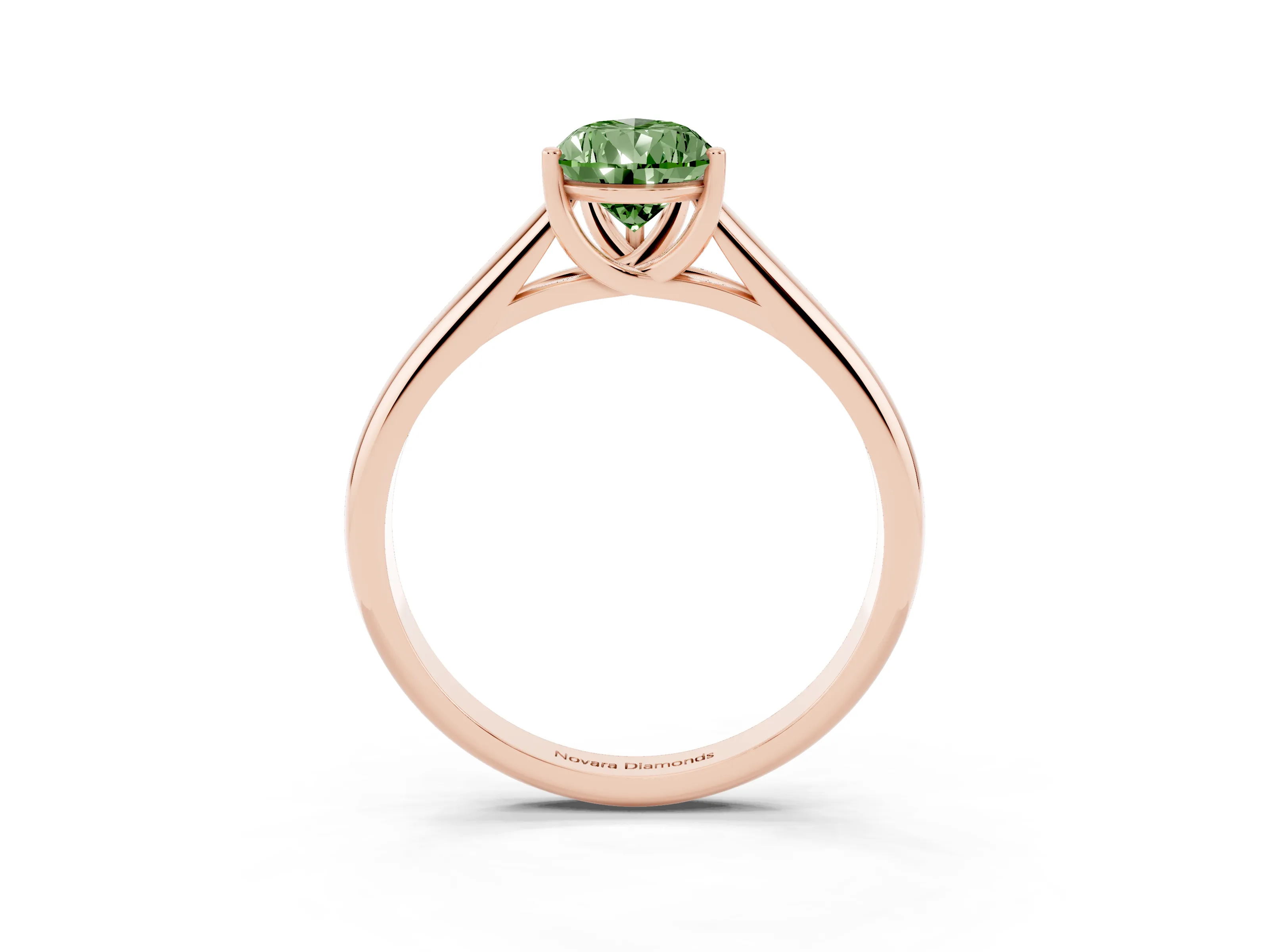 Fancy Green Pear Cut Diamond Solitaire Engagement Ring Set in Rose gold with Subtly Tapered Band and Prong Setting