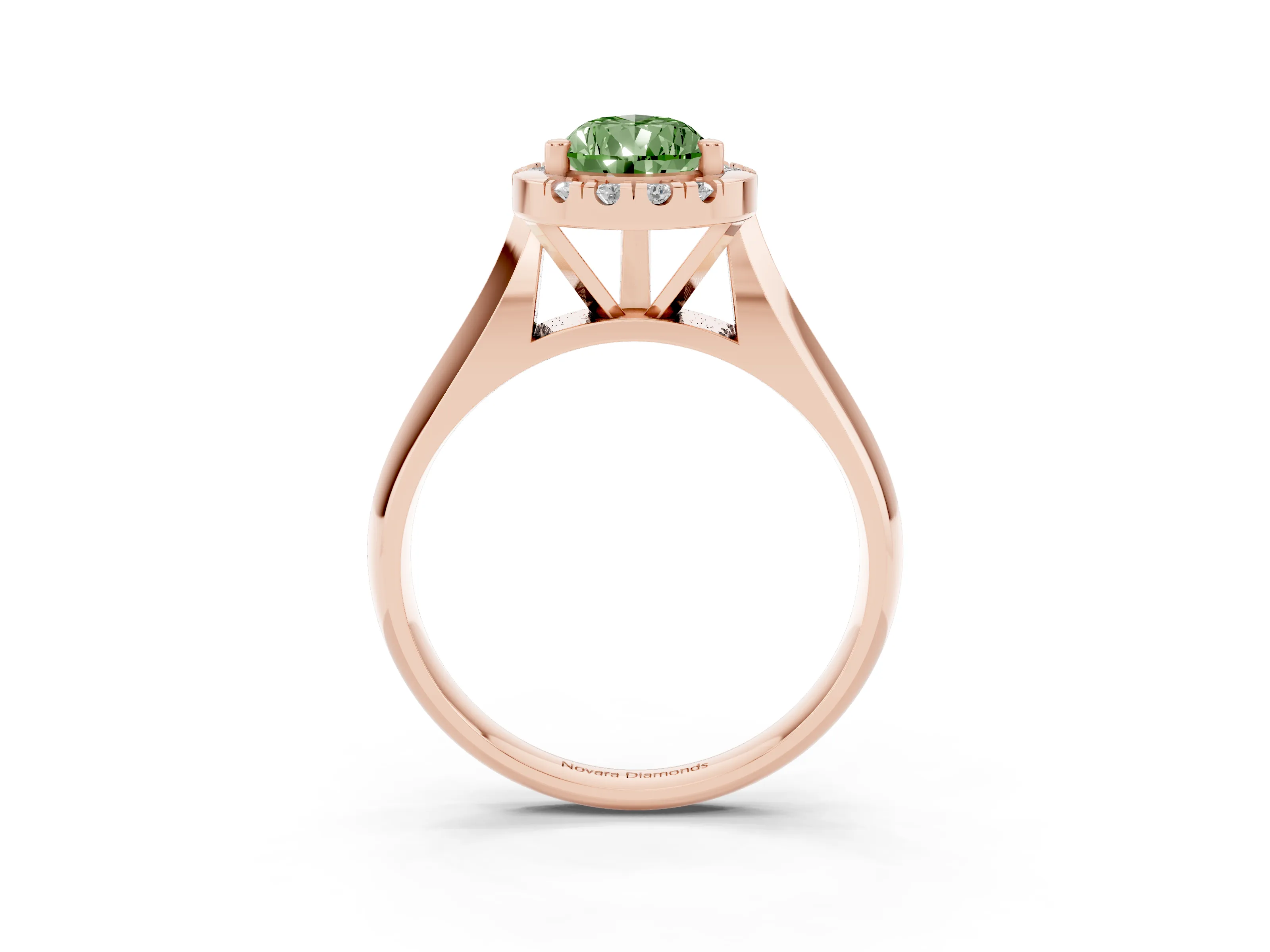 Fancy Green Pear Cut Diamond Halo Solitaire Engagement Ring Set in Rose gold with Square Band and Prong Setting