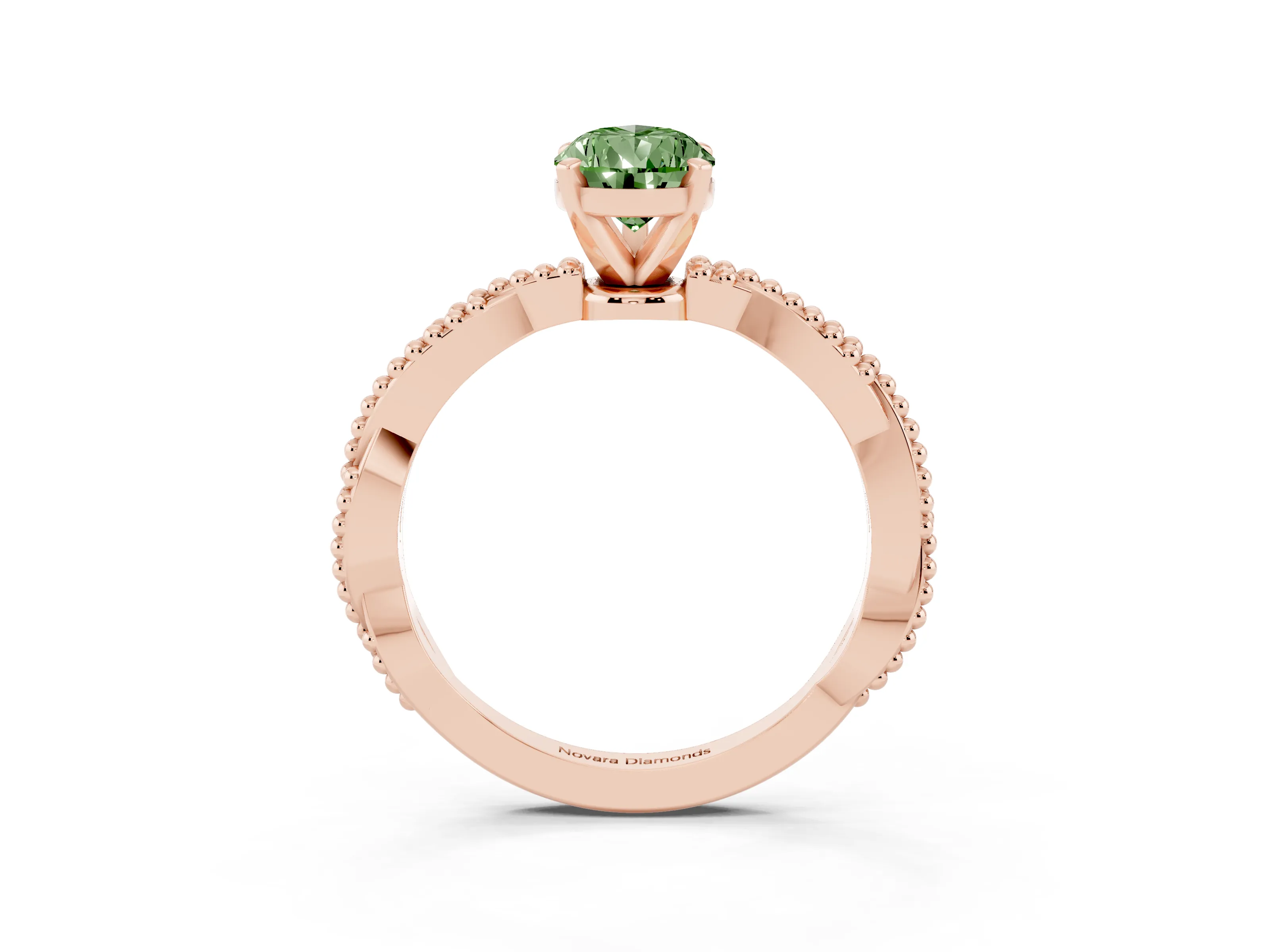 Fancy Green Pear Cut Diamond Solitaire Ring Set in Rose gold with Twisted Band and Bead Prong Setting