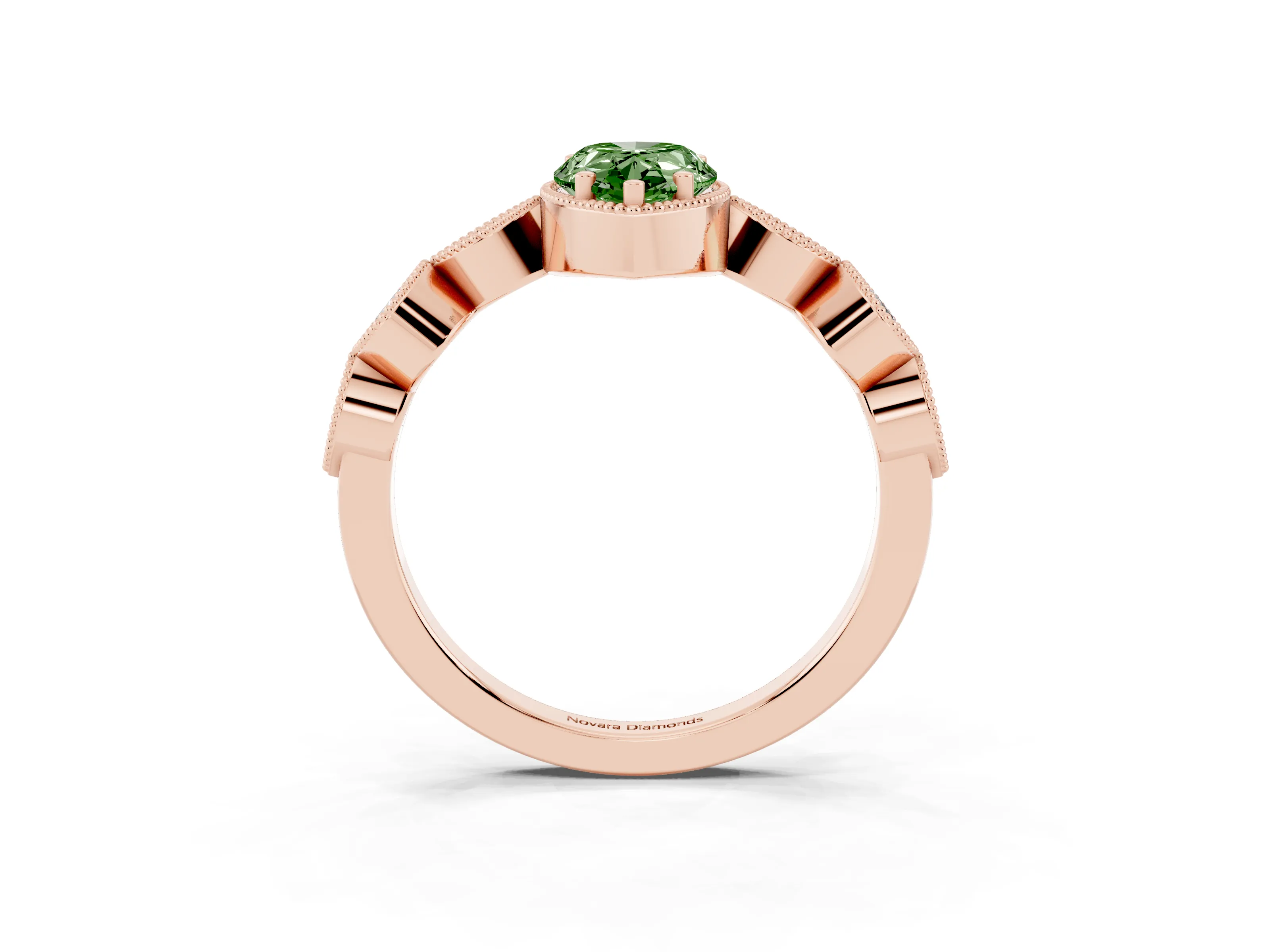 Fancy Green Pear Cut Diamond Vintage-Inspired Milgrain Ring Set in Rose gold with Marquise Stations of Round Accents