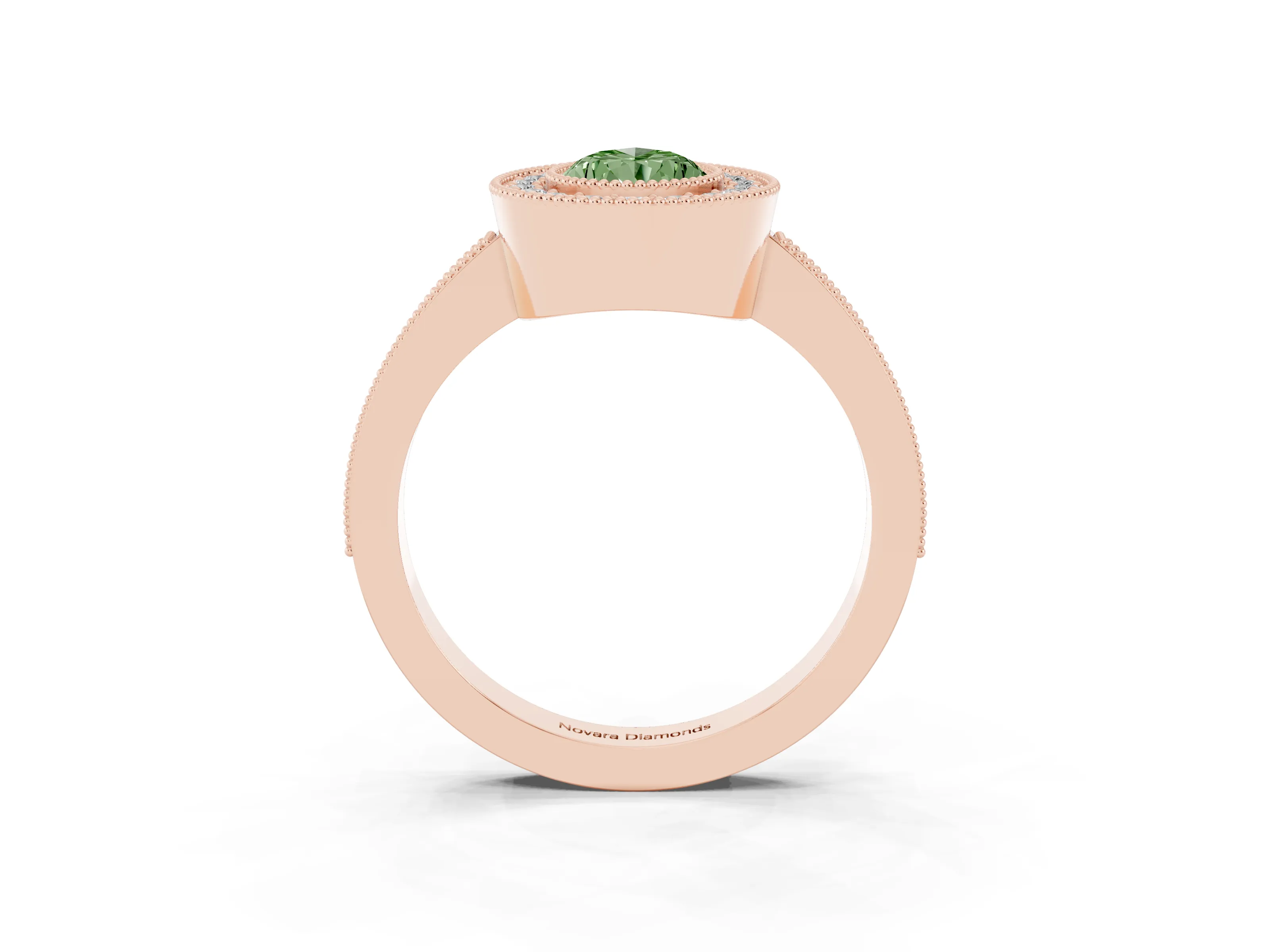 Fancy Green Pear Cut Diamond Halo Engagement Ring Set in Rose gold with Pavé Band and Round Halo Stones