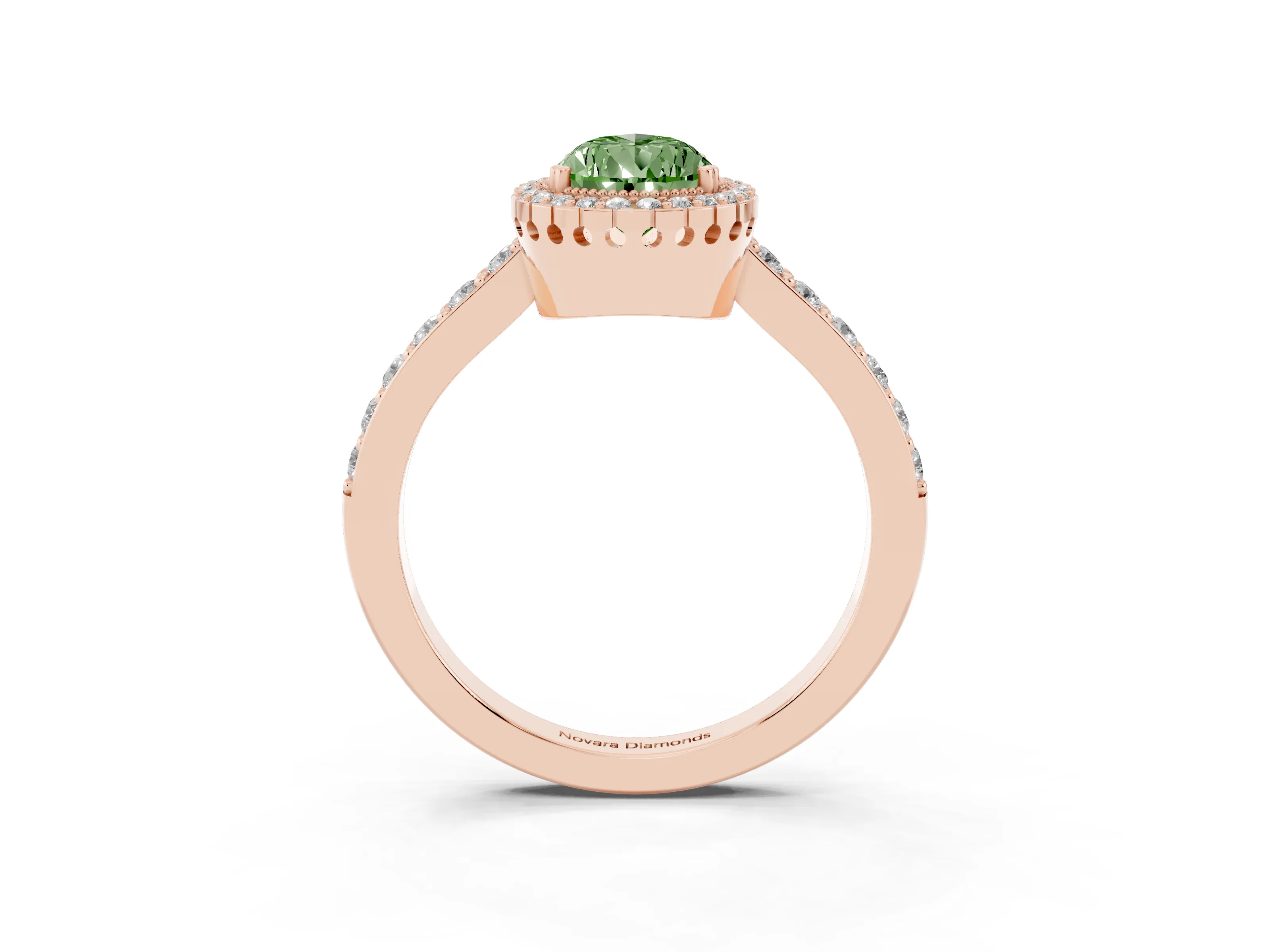 Fancy Green Pear Cut Diamond Halo Engagement Ring Set in Rose gold with Milgrain Detail and Pavé Band