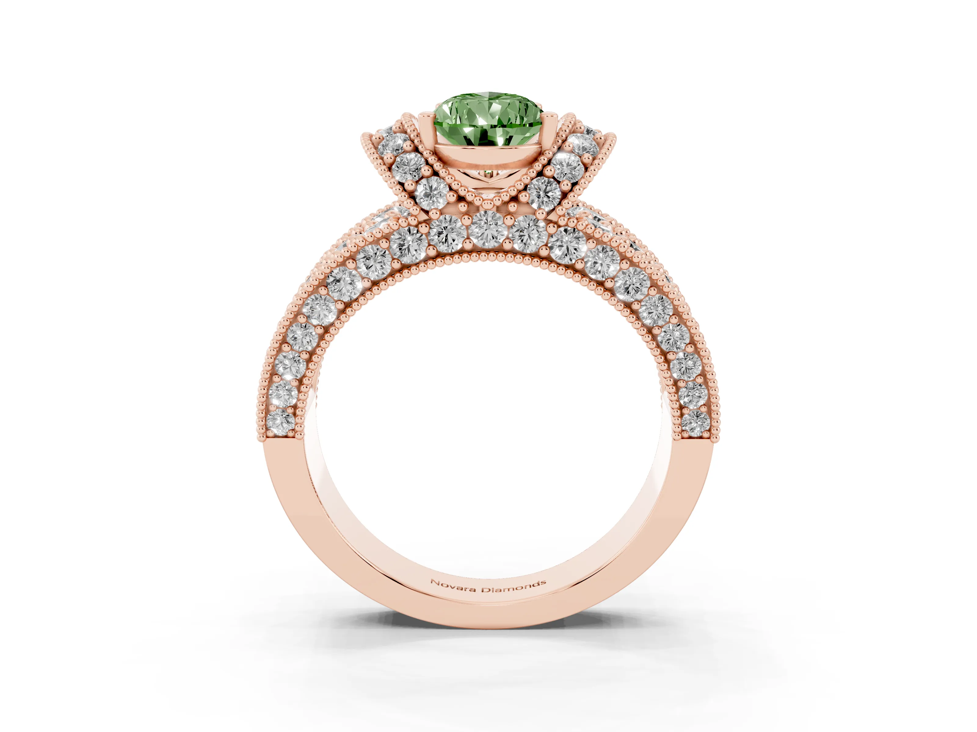 Fancy Green Pear Cut Diamond Milgrain Halo Pavé Engagement Ring Set in Rose gold with Prong Setting