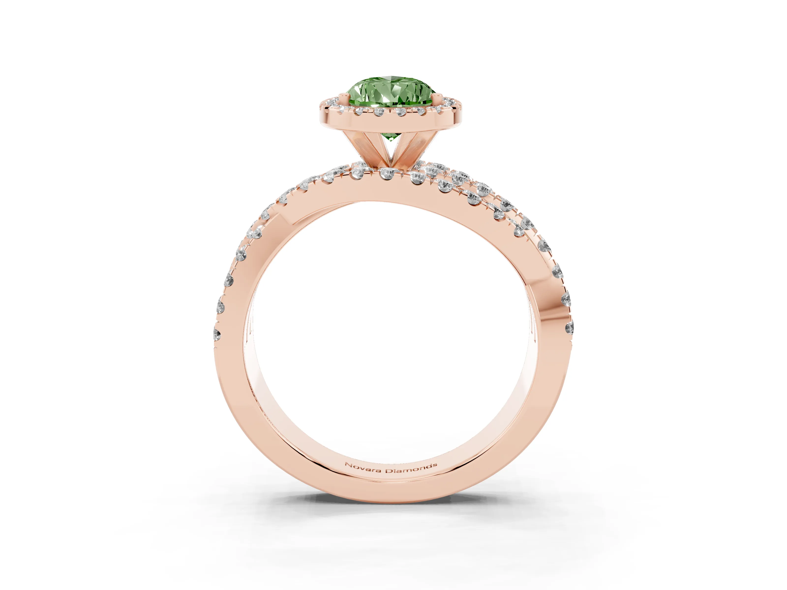 Fancy Green Pear Cut Diamond Halo Ring Set in Rose gold with Round Crossover Split Shank and Prong Setting