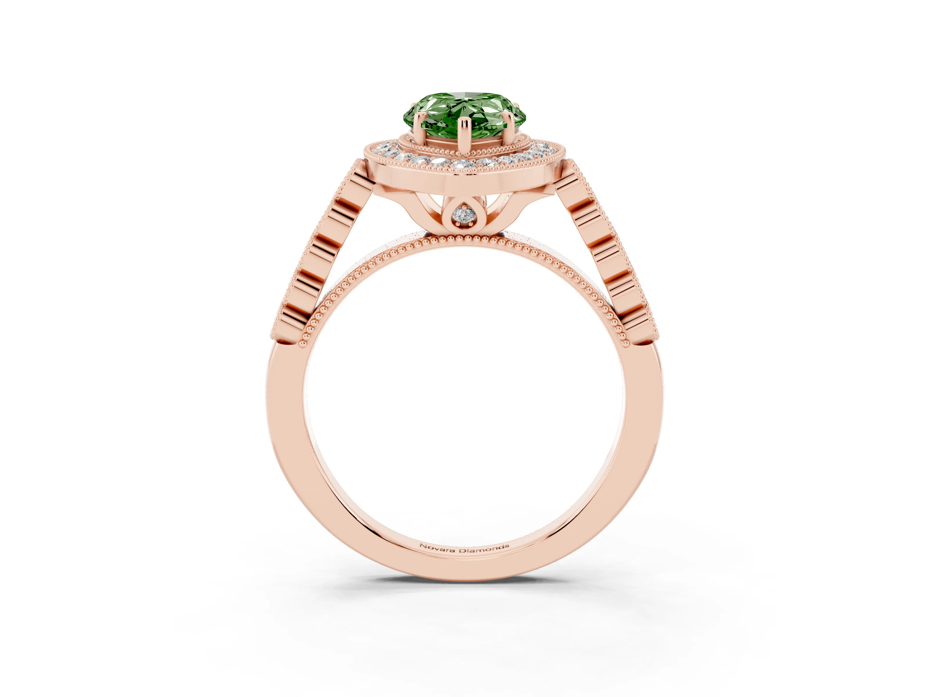 Fancy Green Pear Cut Diamond Milgrain Halo Solitaire Ring Set in Rose gold with Bezel Set Side Stones and Pavé Band