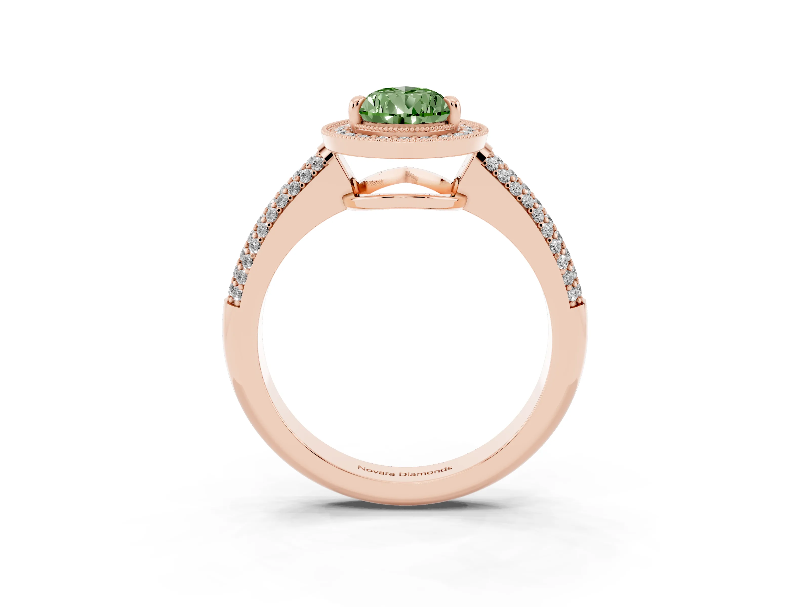 Fancy Green Pear Cut Diamond Halo Pavé Band Set in Rose gold with Prong Setting