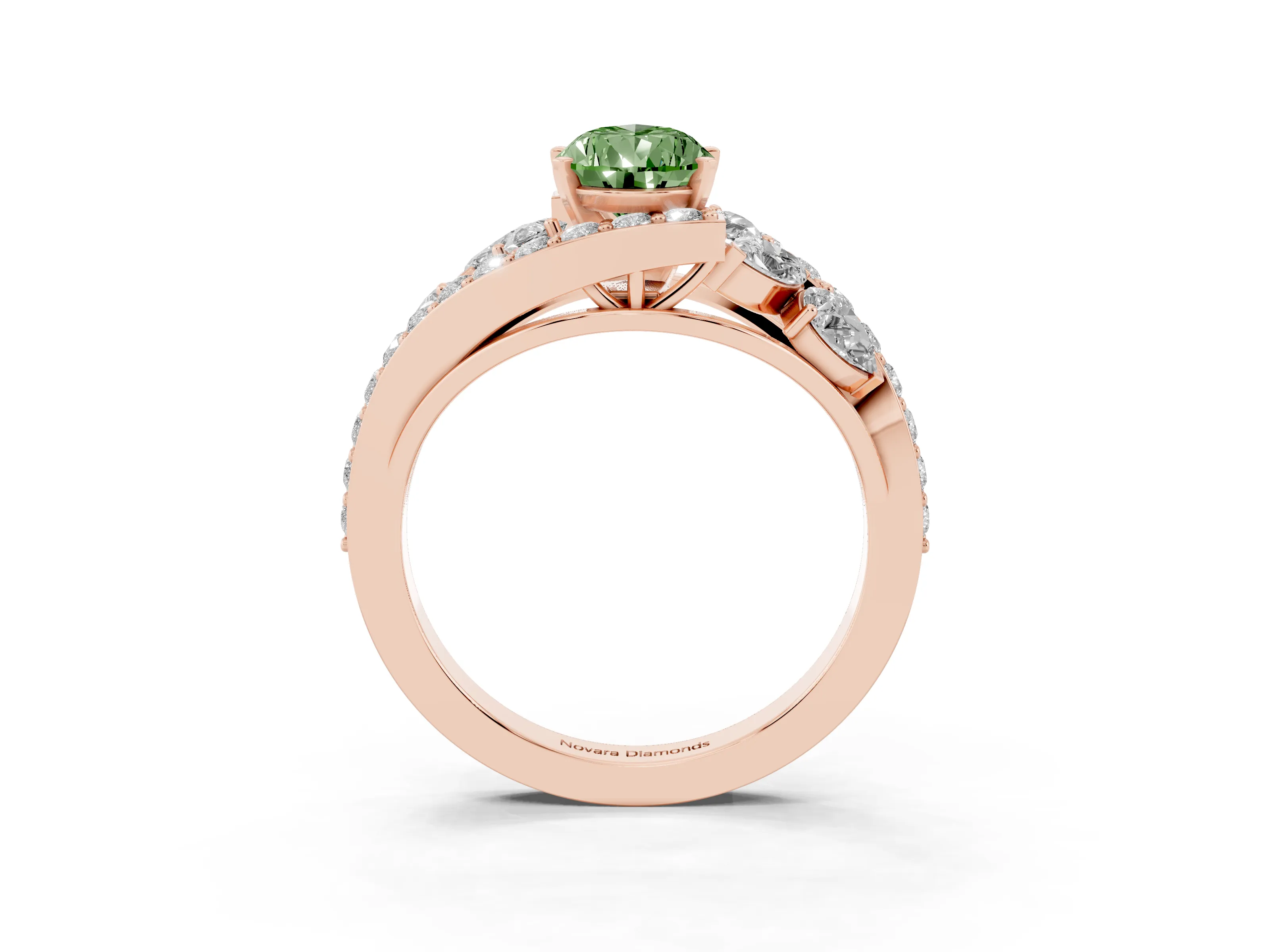 Fancy Green Pear Cut Diamond Halo Ring Set in Rose gold with Marquise and Pavé Band in Prong Setting
