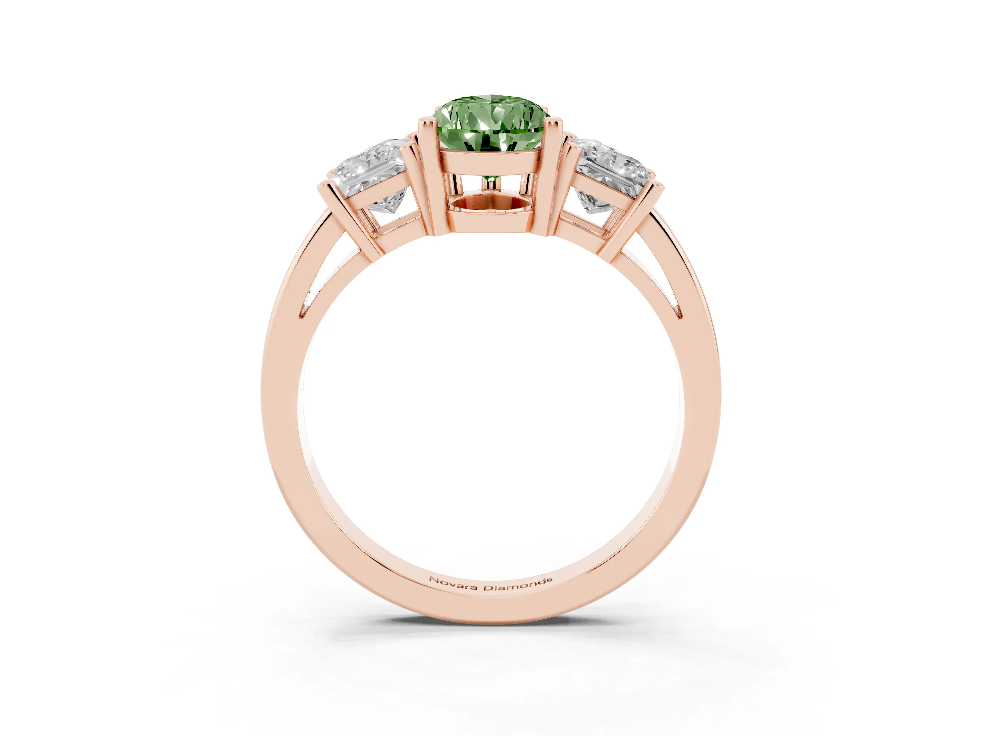 Fancy Green Three-Stone Pear Cut Diamond Solitaire Ring Set in Rose gold with Prong Setting
