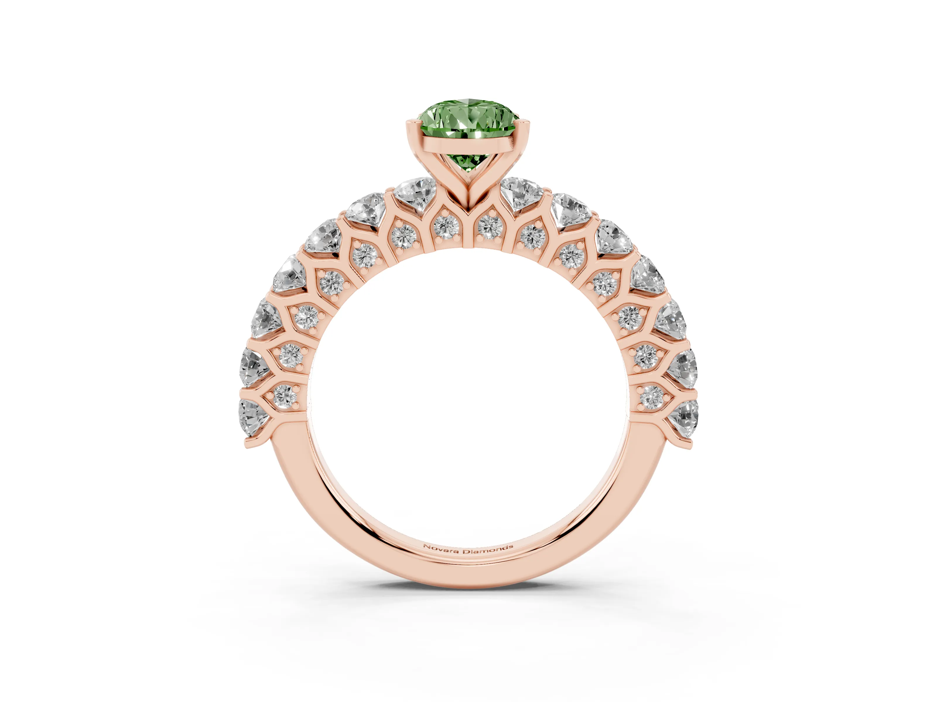 Fancy Green Pear Cut Diamond Solitaire Ring Set in Rose gold with Shared Prong Pavé Band