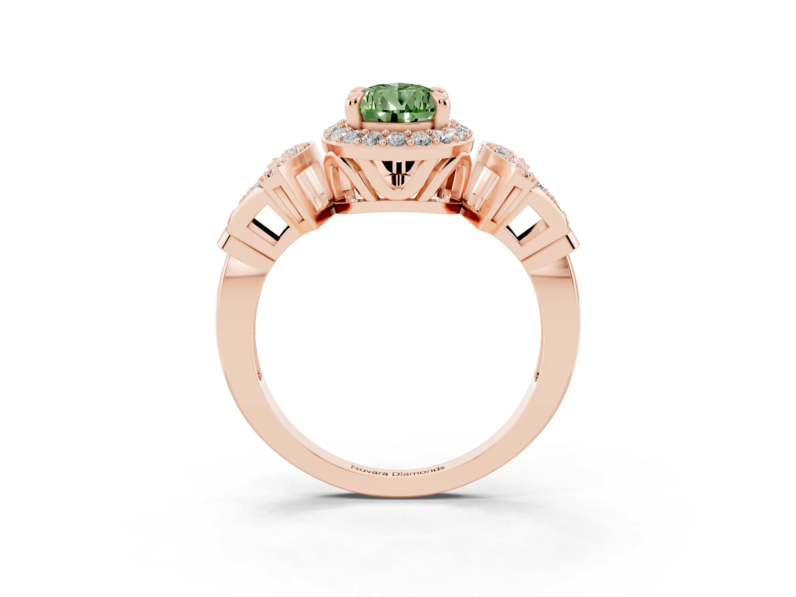 Fancy Green Pear Cut Diamond Halo Engagement Ring Set in Rose gold with Accent Stone Split Shank