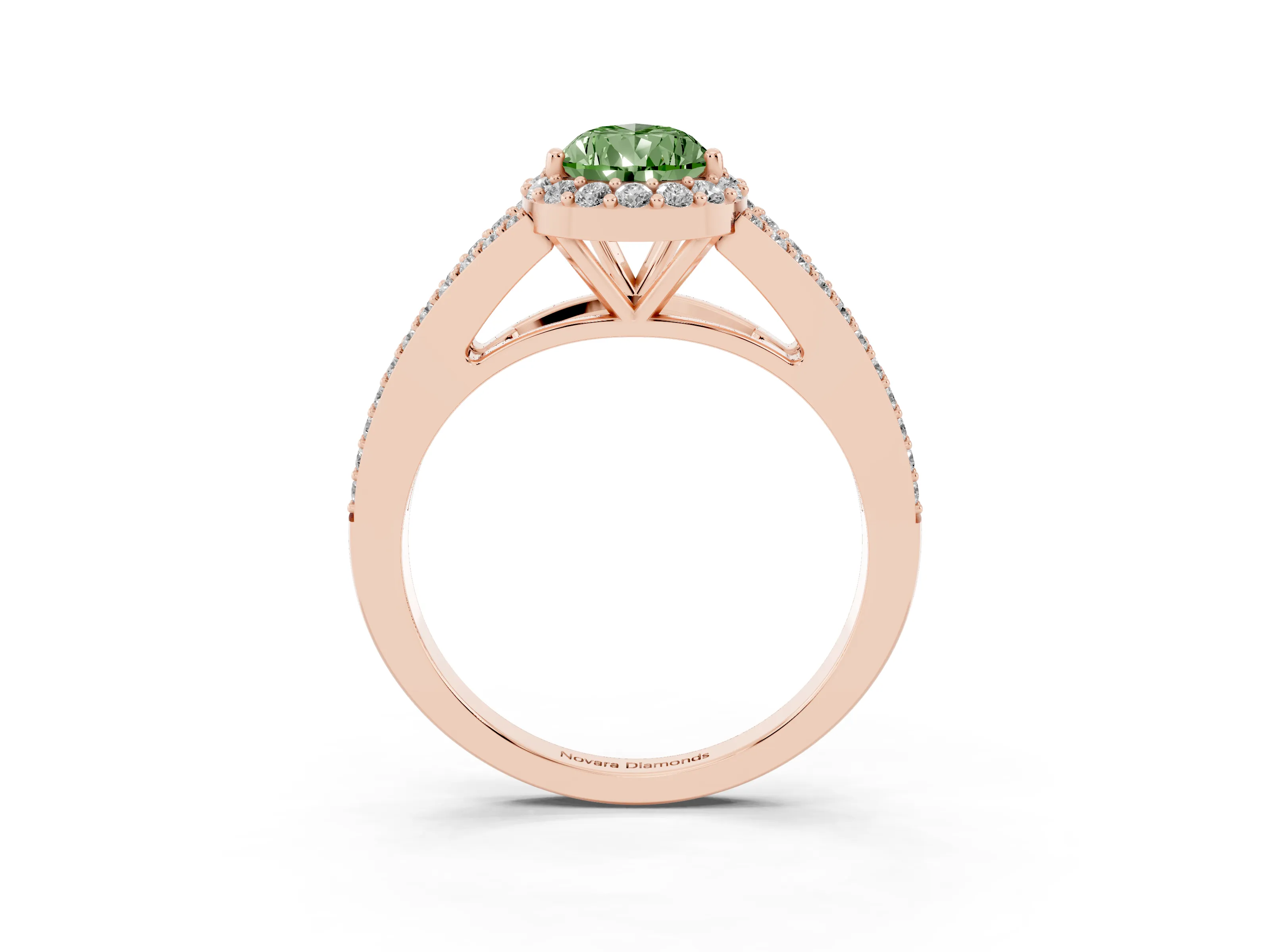 Fancy Green Pear Cut Diamond Halo Split Shank Pavé Ring Set in Rose gold with Prong Setting