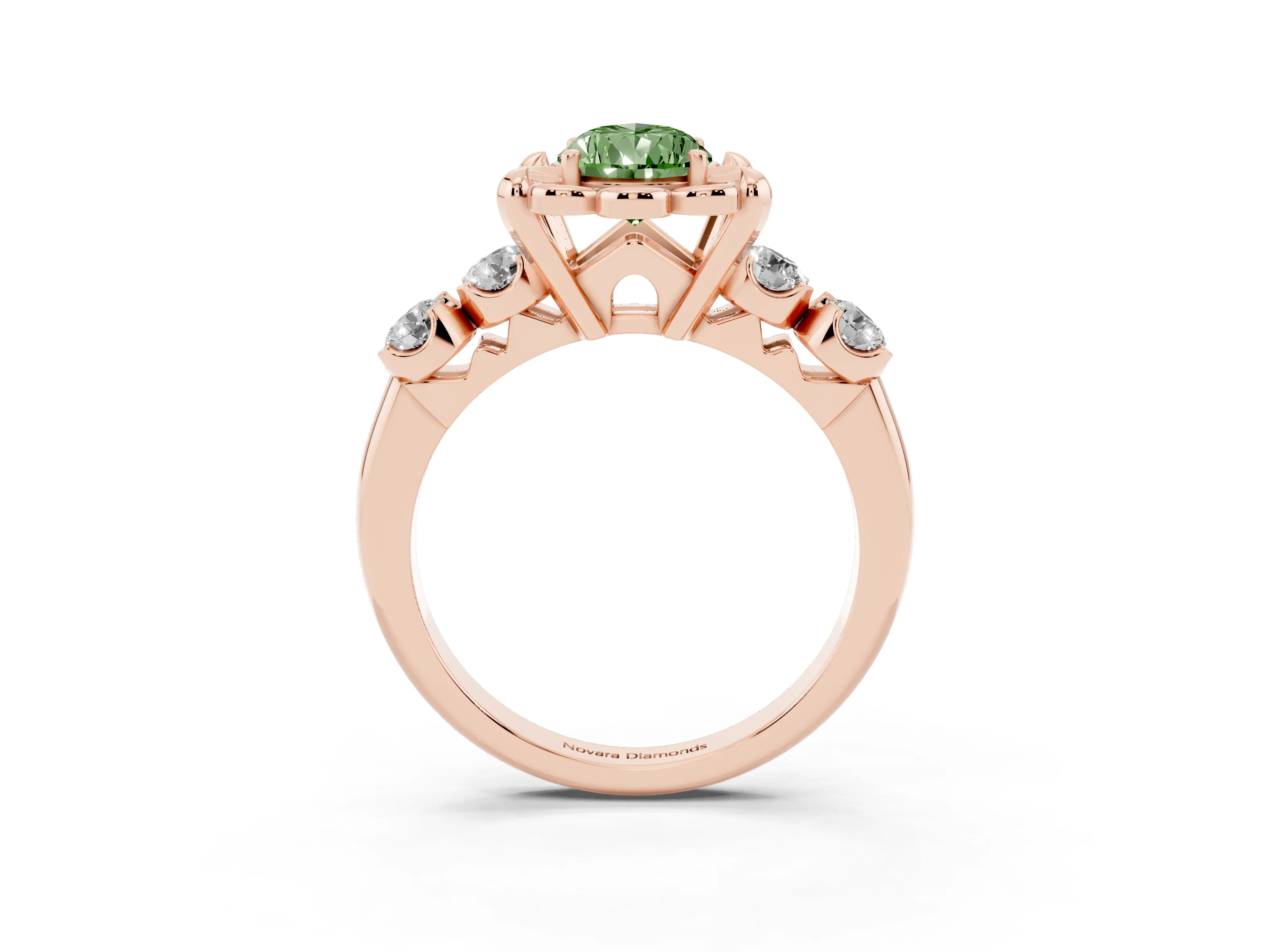 Fancy Green Pear Cut Diamond Floral Halo Ring Set in Rose gold with Shared Prong Band