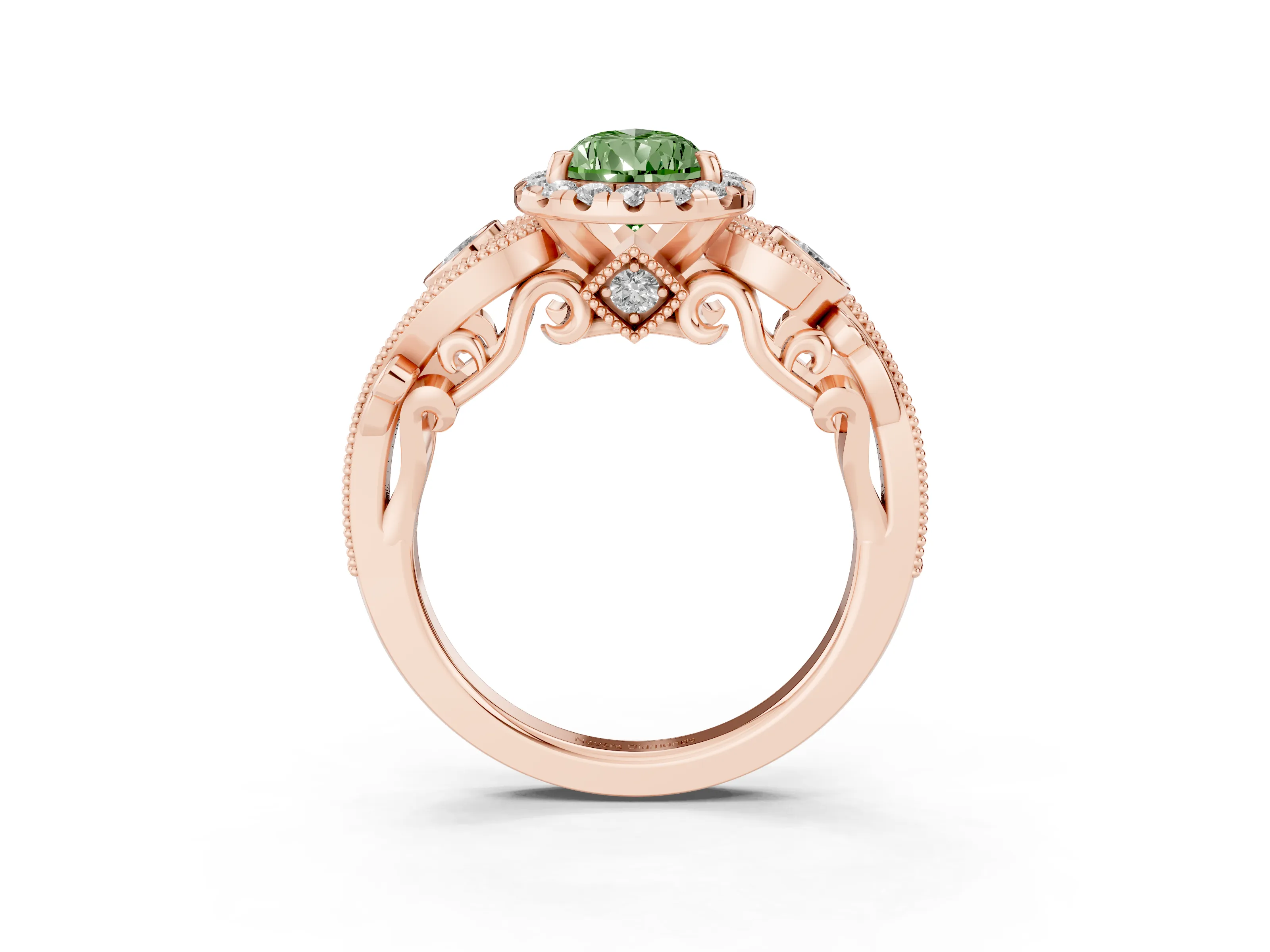 Fancy Green Pear Cut Diamond Halo Ring Set in Rose gold with Milgrain Pavé Band and Prong Setting