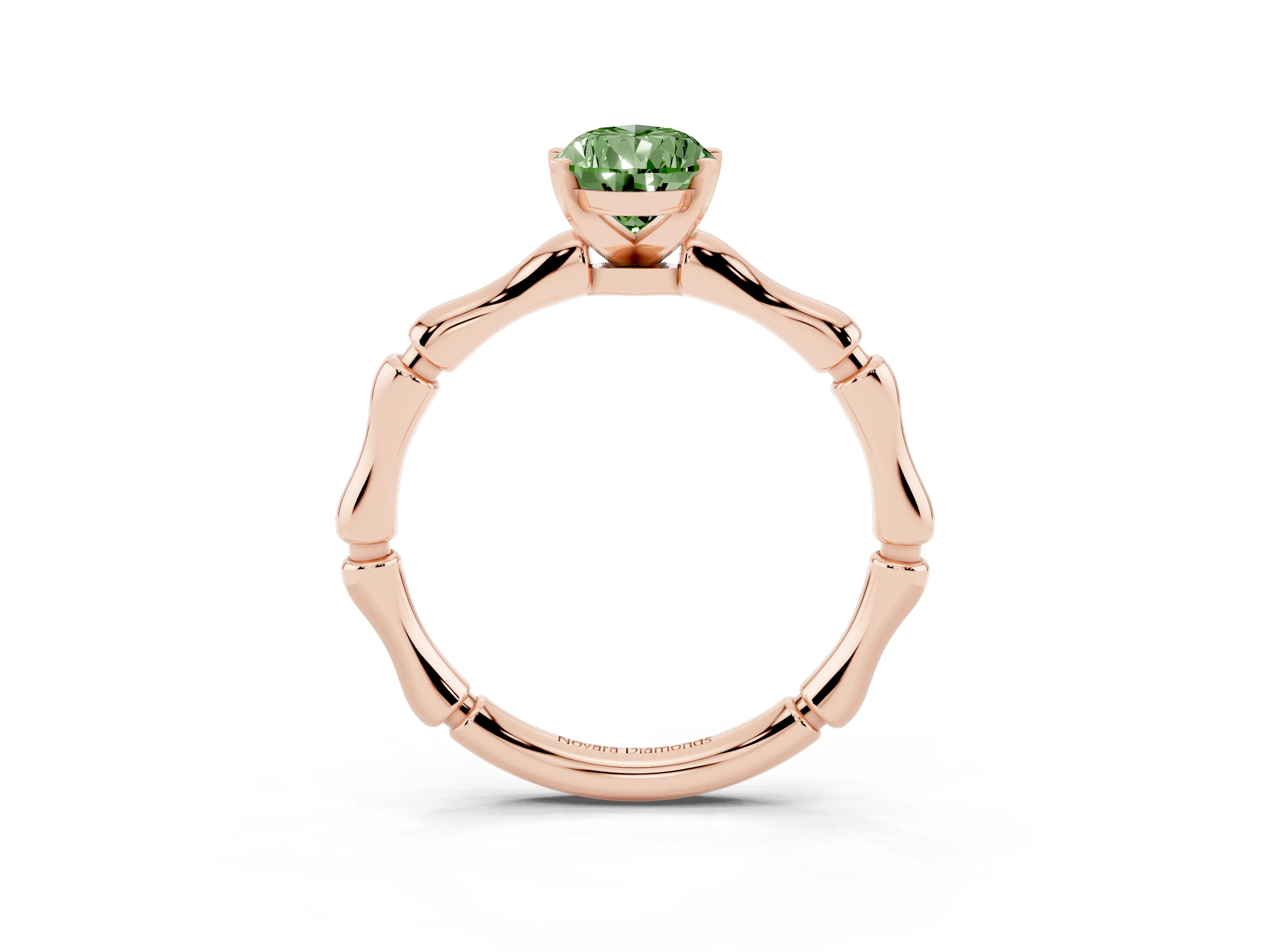 Fancy Green Pear Cut Diamond Solitaire Ring Set in Rose gold with Bamboo Band and Prong Setting