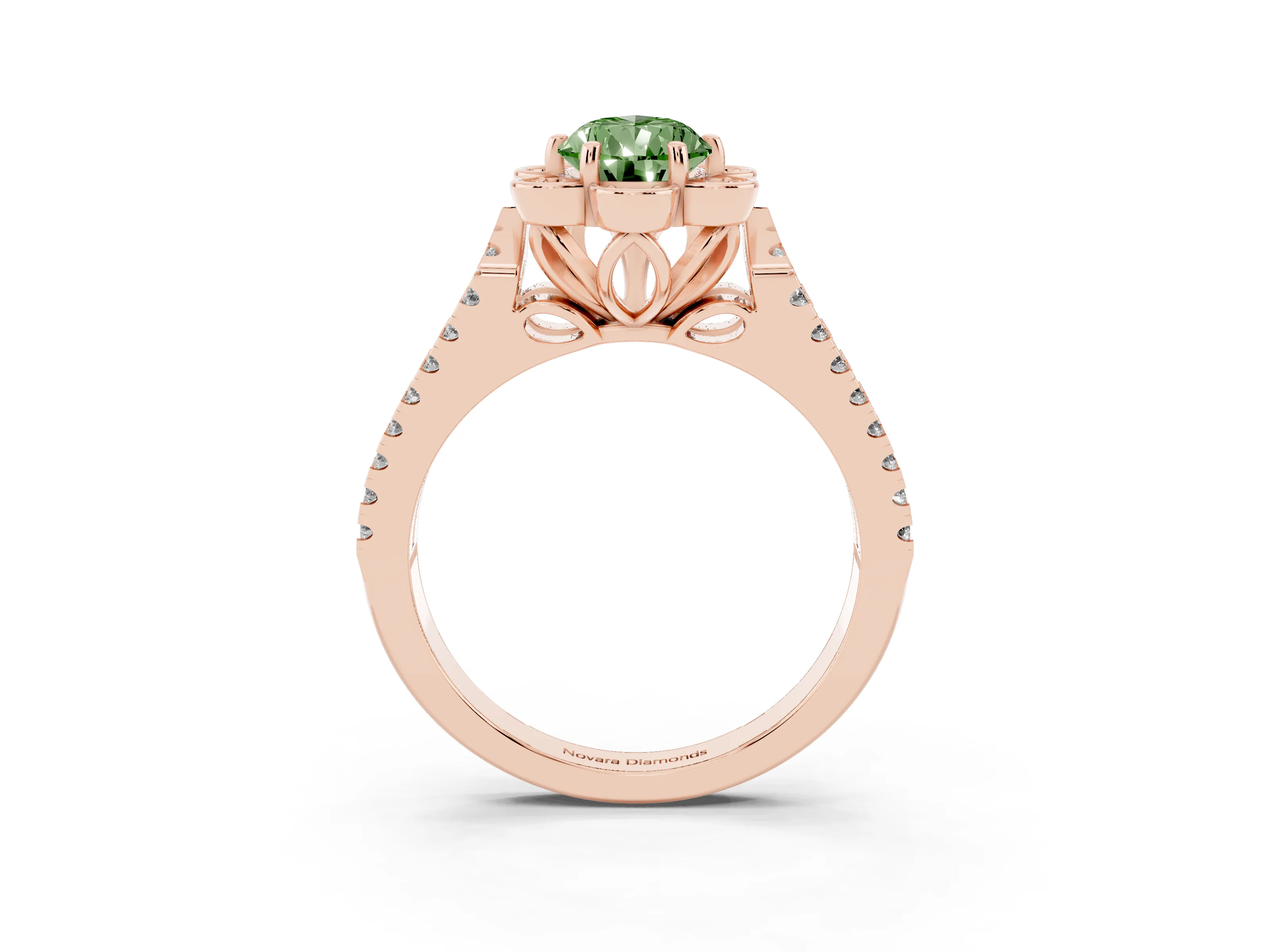 Fancy Green Pear Cut Diamond Floral Halo Split Shank Engagement Ring Set in Rose gold with Pavé Shank