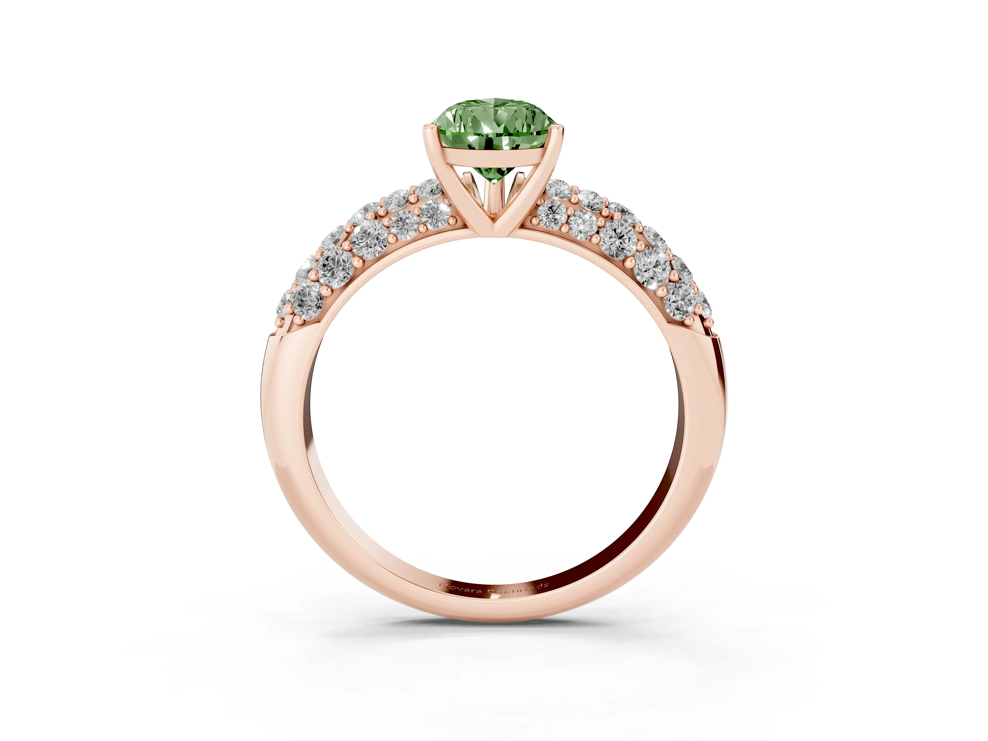 Fancy Green Pear Cut Diamond Pavé Band Solitaire Ring Set in Rose gold with Close-Set Accent Stones and Prong Setting