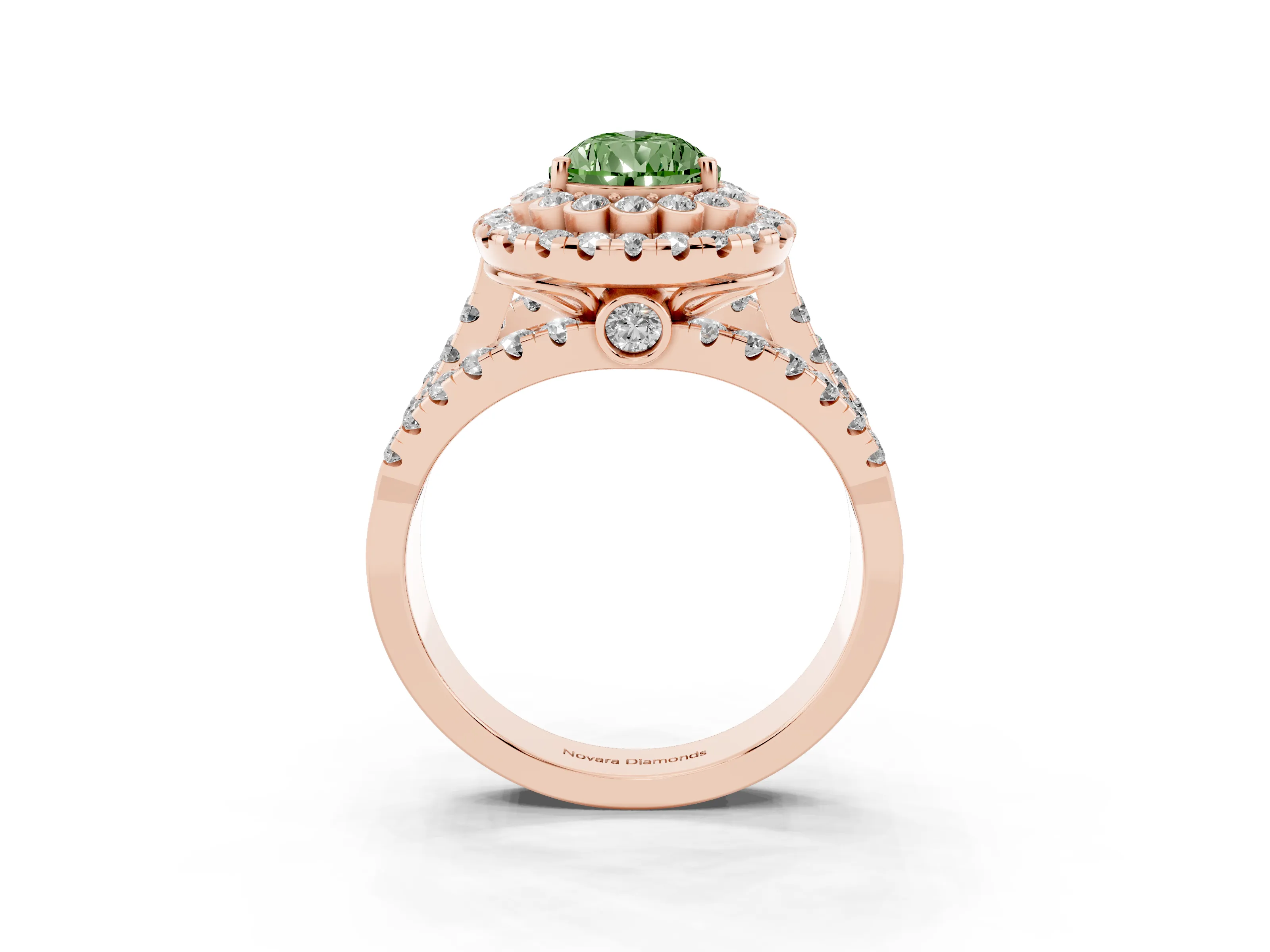 Fancy Green Pear Cut Diamond Double Halo Ring Set in Rose gold with Round Pavé Split Shank