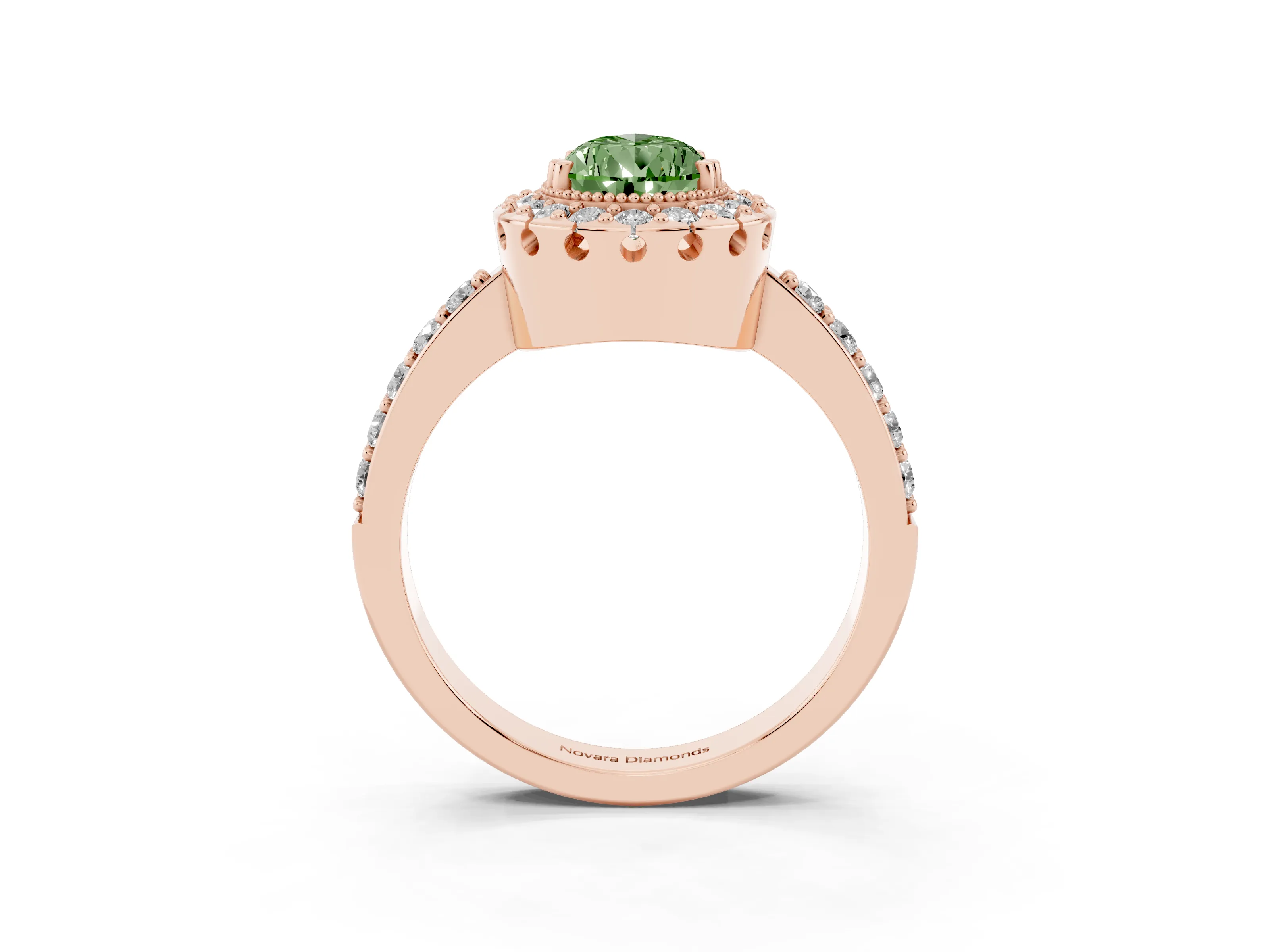 Fancy Green Pear Cut Diamond Halo Ring Set in Rose gold with Pavé Shank and Prong Setting