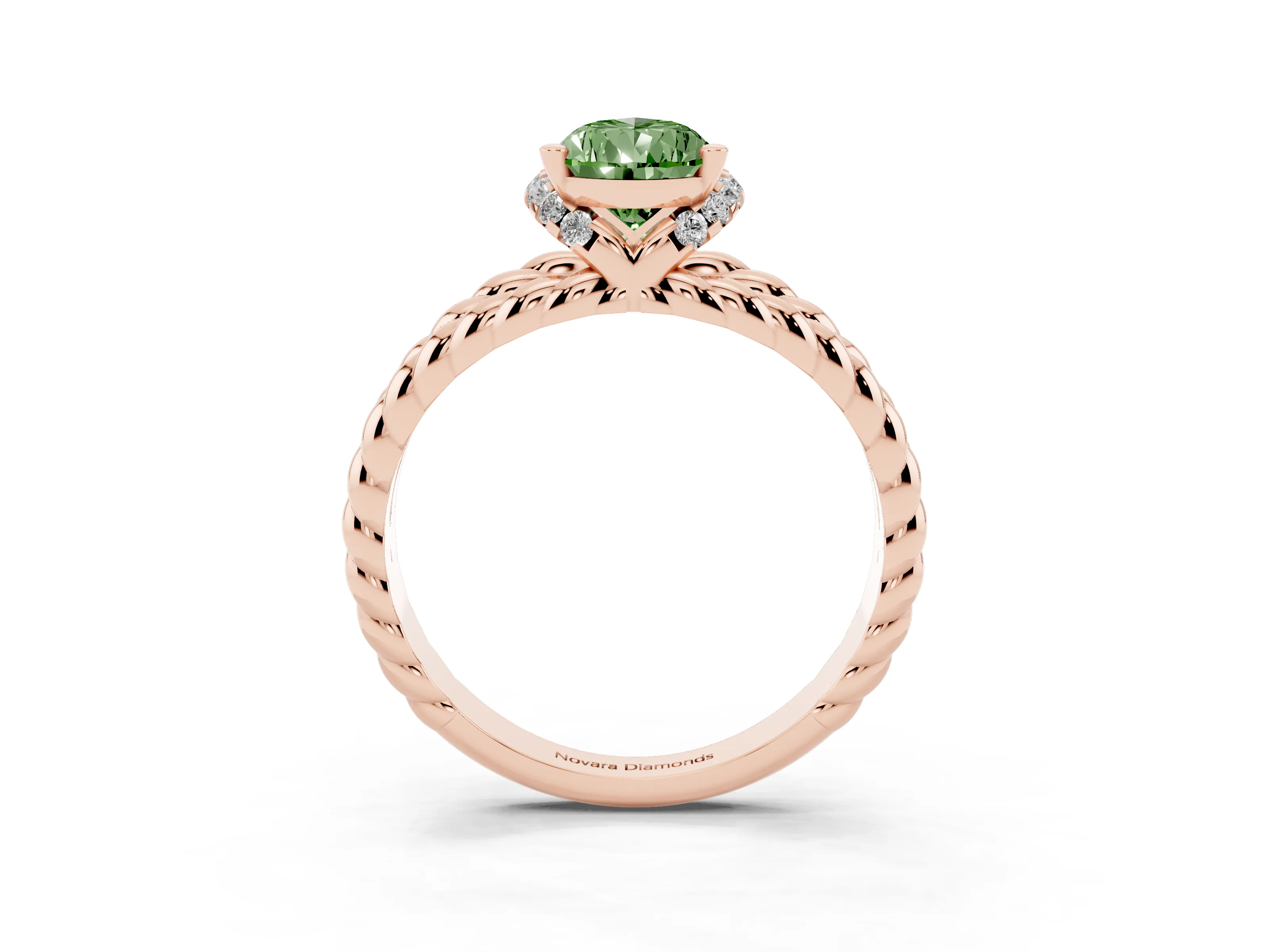 Fancy Green Pear Cut Diamond Halo Ring Set in Rose gold with Twisted Band and Prong Setting