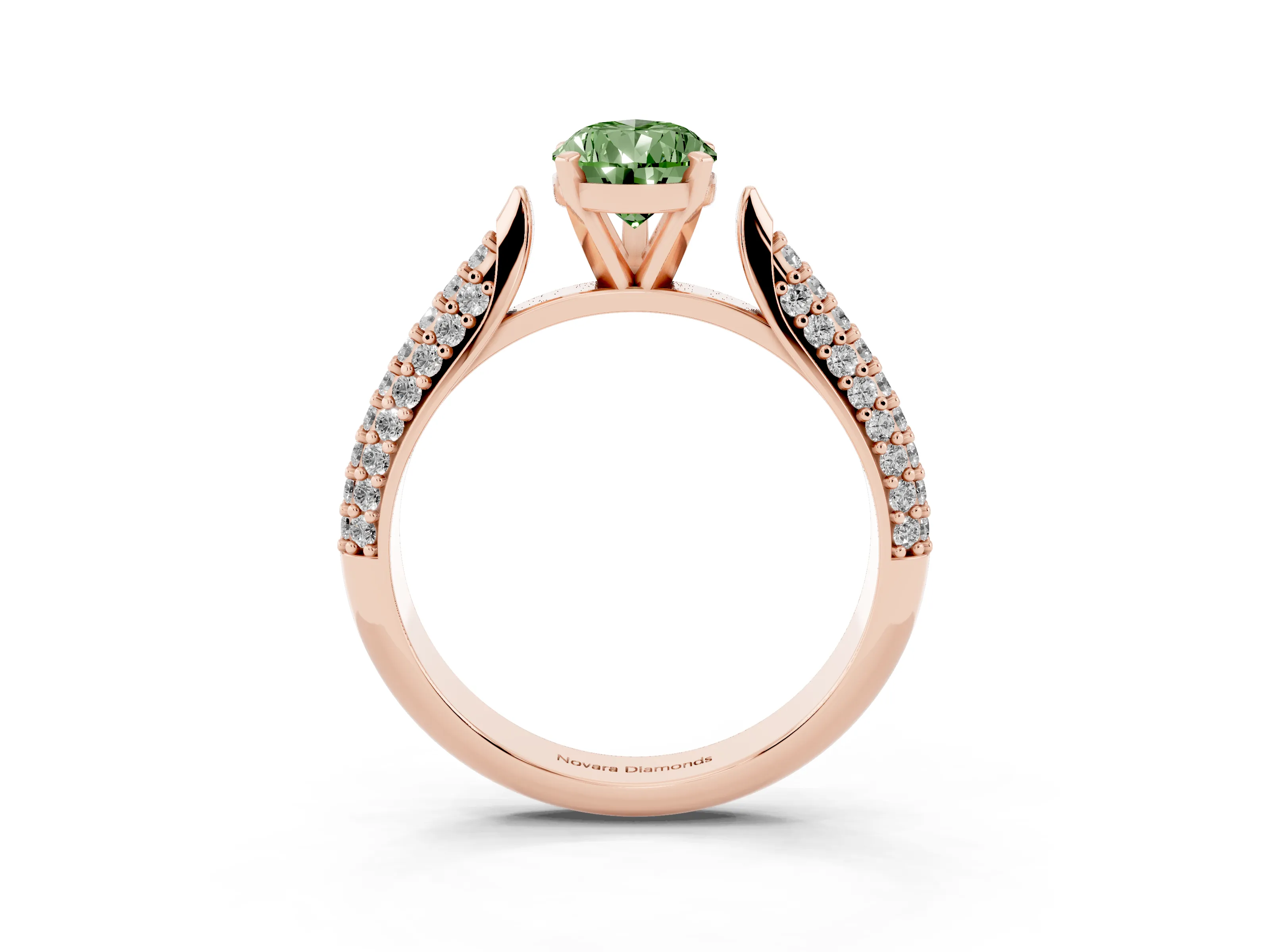 Fancy Green Pear Cut Diamond Solitaire Engagement Ring Set in Rose gold with Multi-Row Round Pavé Band and Prong Setting