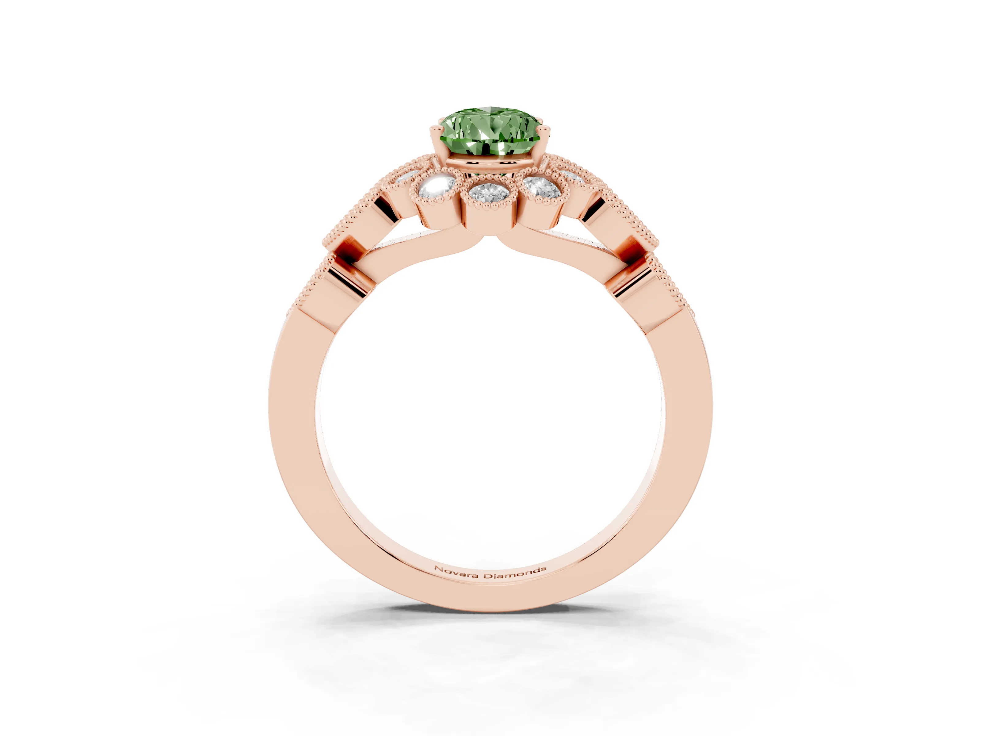 Fancy Green Pear Cut Diamond Solitaire Ring Set in Rose gold with Milgrain Pavé Heart Band