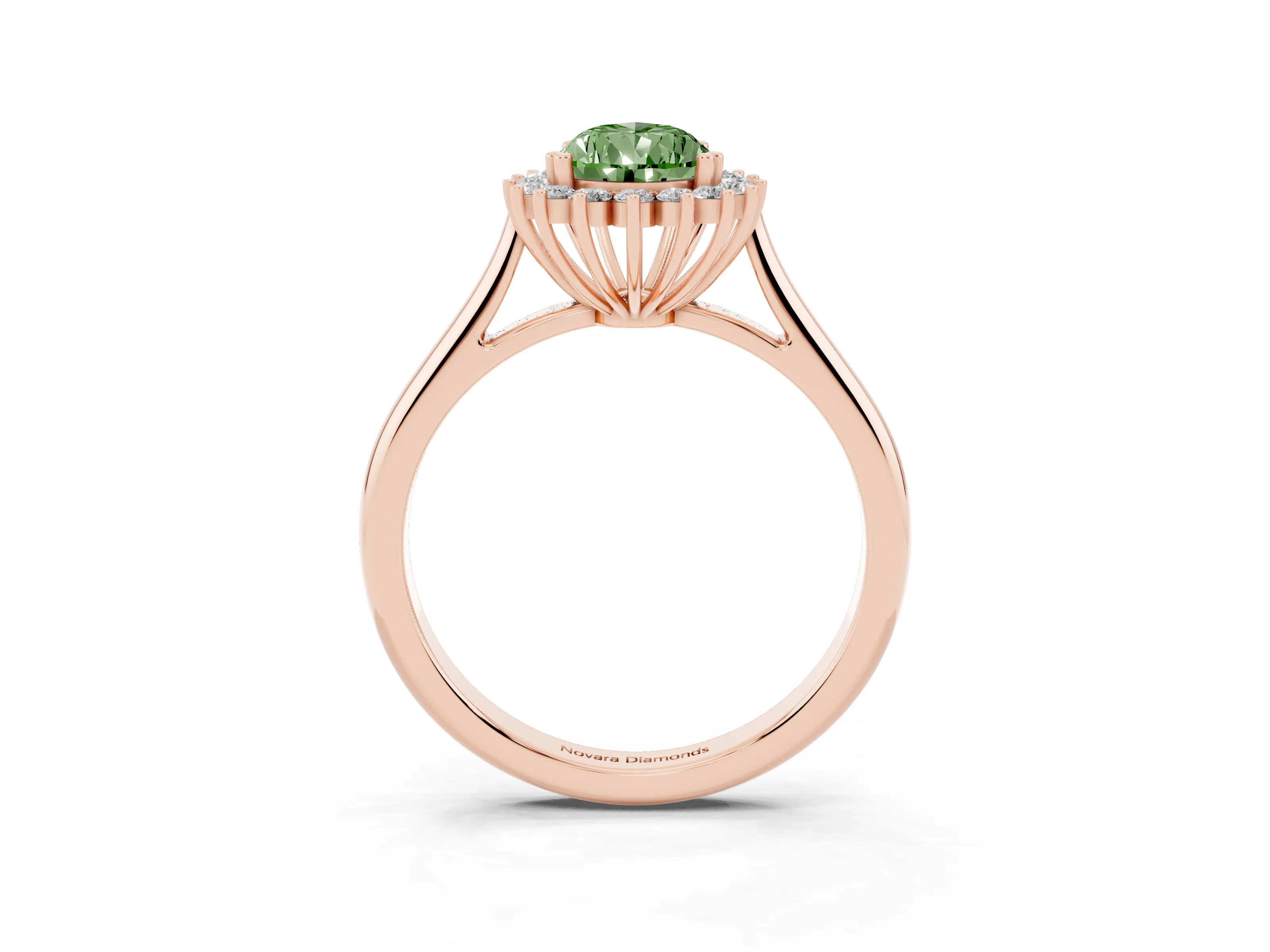Fancy Green Pear Cut Diamond Halo Ring Set in Rose gold with Plain Solitaire Band and Prong Setting