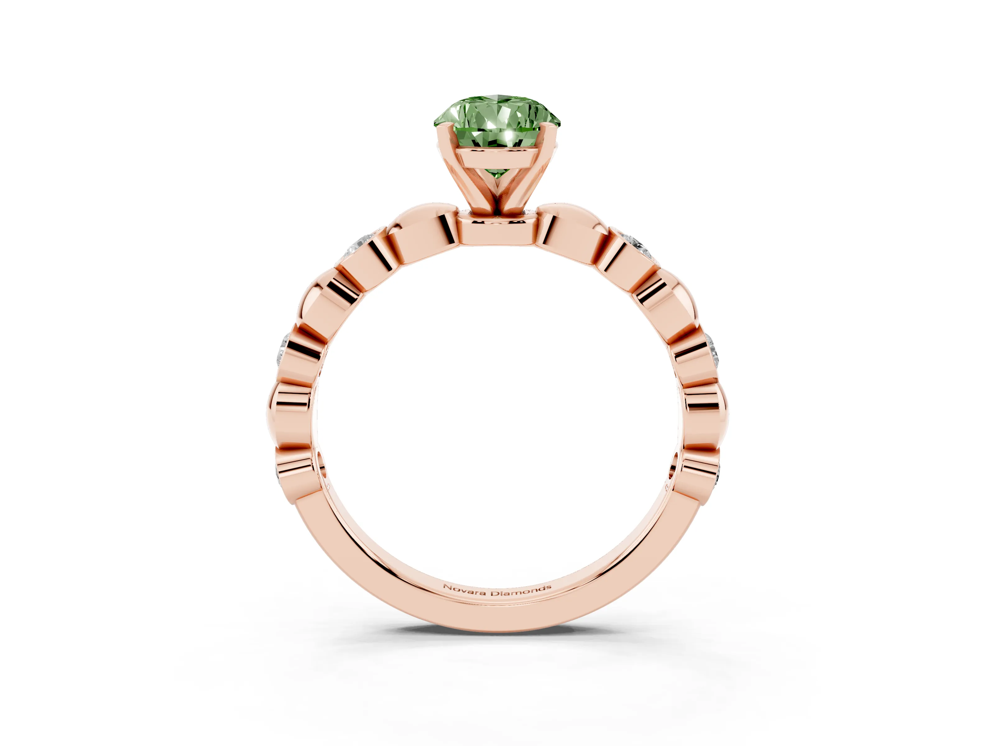 Fancy Green Pear Cut Diamond Solitaire Ring Set in Rose gold with Bezel-Set Accents on Beaded Band and Prong Setting