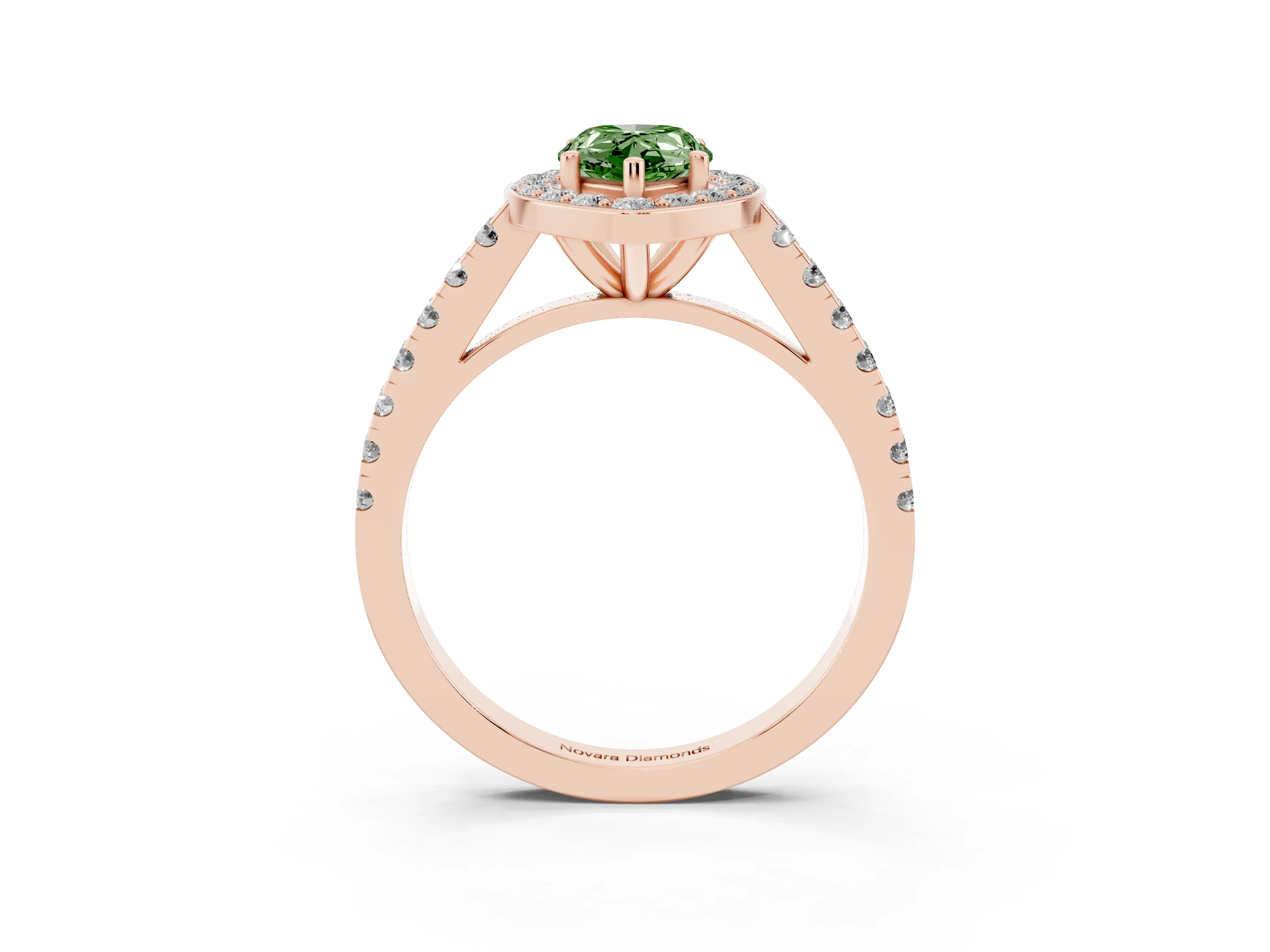 Fancy Green Pear Cut Diamond Halo Ring Set in Rose gold with Round Pavé Split Shank and Prong Setting