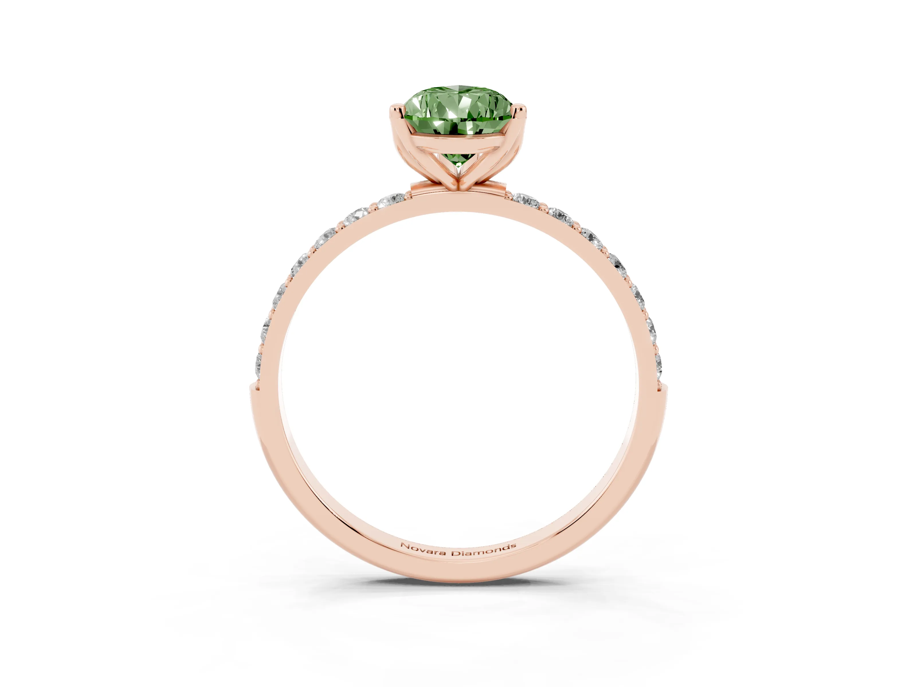 Fancy Green Pear Cut Diamond Solitaire Engagement Ring Set in Rose gold with Round Pavé Band and Prong Setting