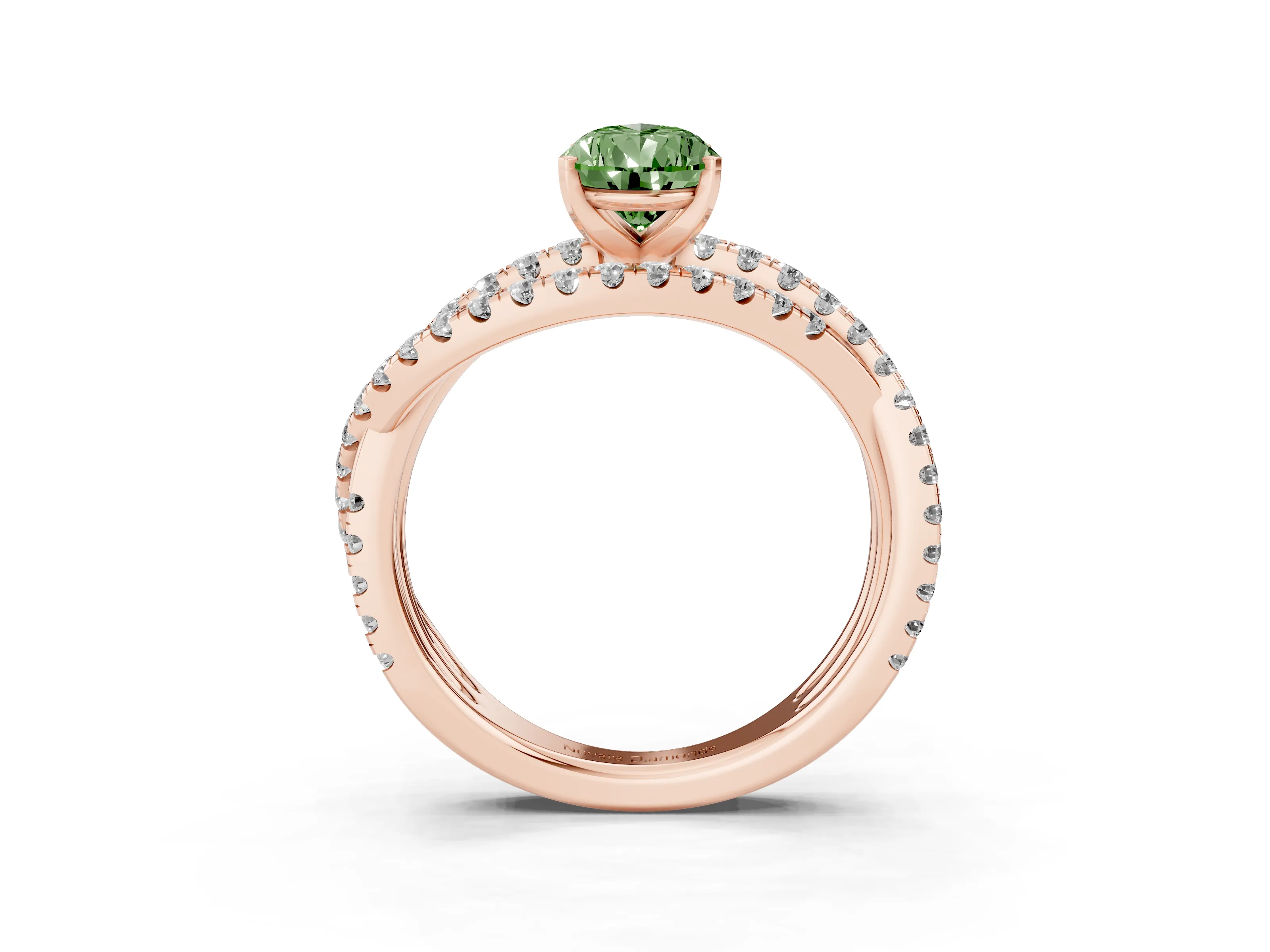 Fancy Green Pear Cut Diamond Solitaire Twist Band Ring Set in Rose gold with Pavé Setting and Prong Head