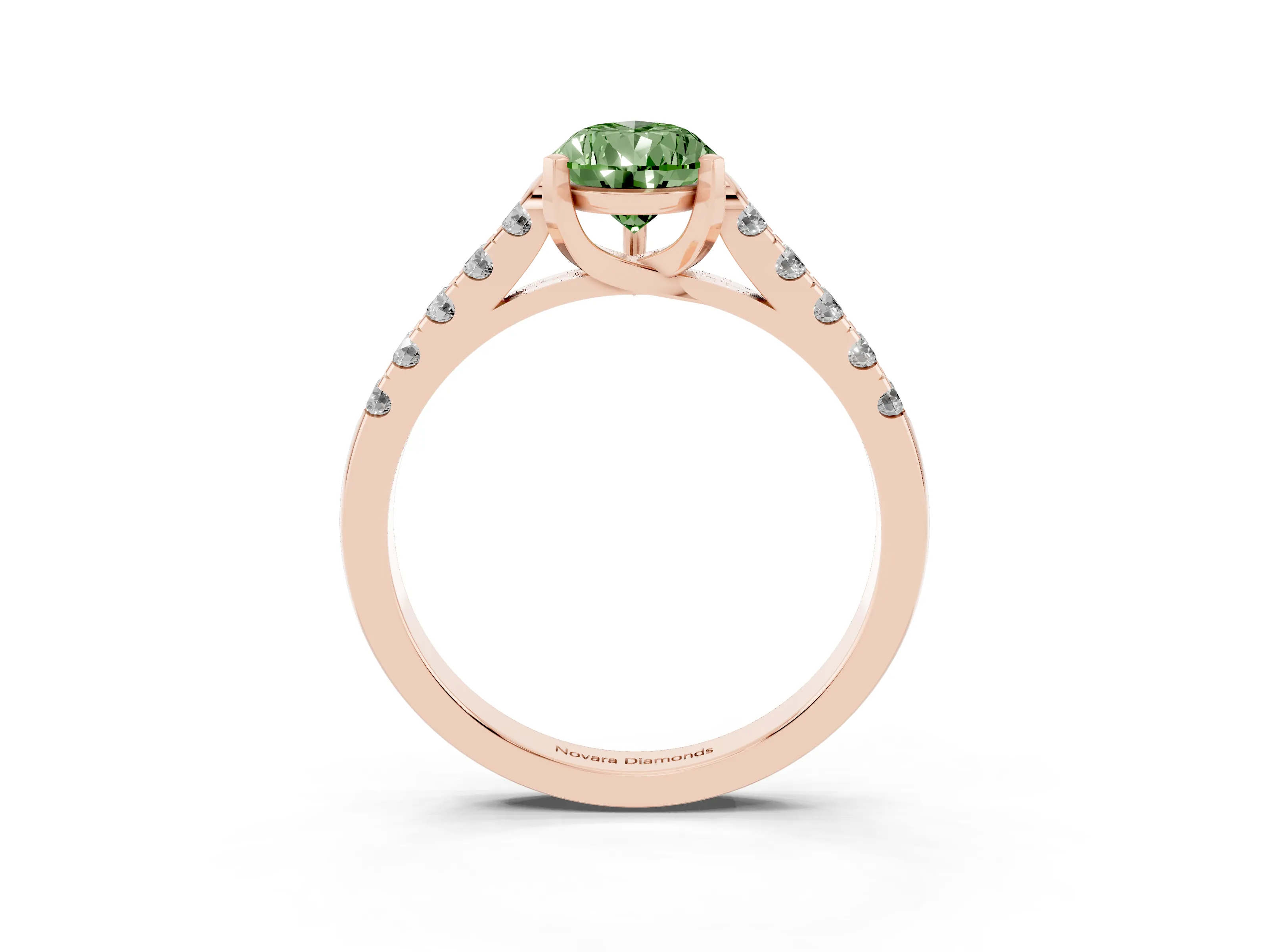 Fancy Green Pear Cut Diamond Pavé Band Solitaire Ring Set in Rose gold with Partway Accent Stones and Prong Setting