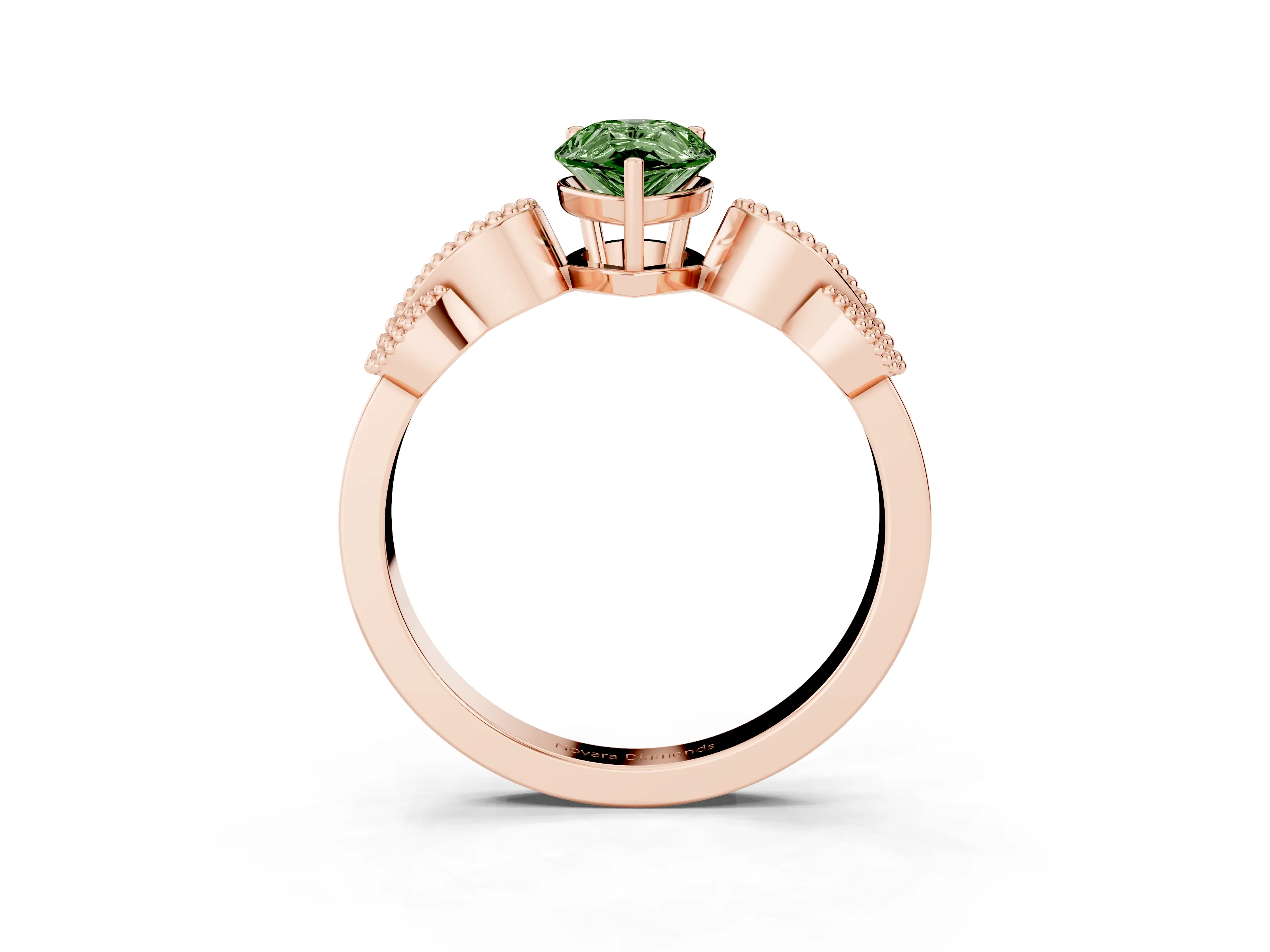 Fancy Green Pear Cut Diamond Milgrain Leaf Band Solitaire Ring Set in Rose gold with Accent Stones and Prong Setting