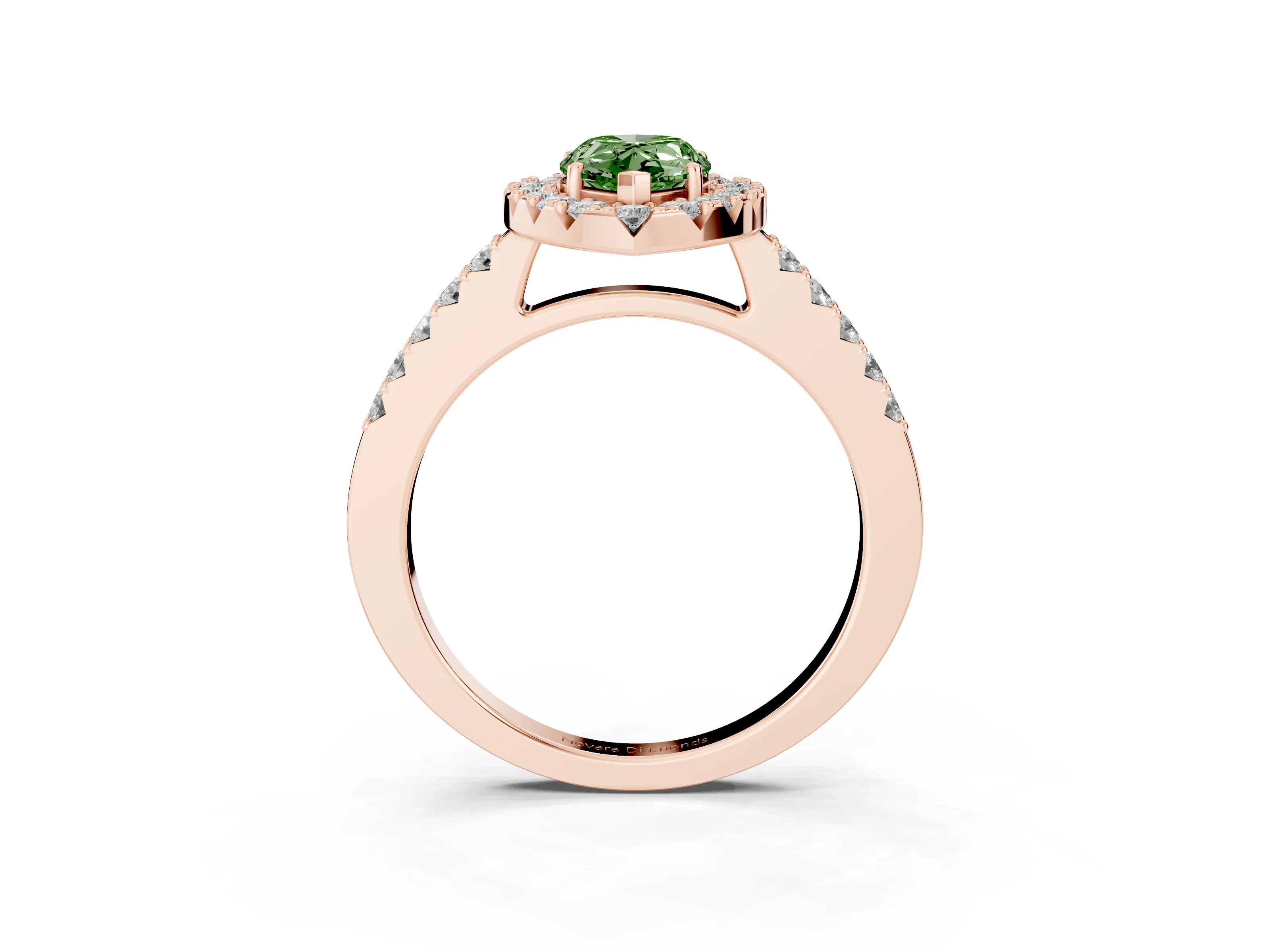 Fancy Green Pear Cut Diamond Halo Pavé Solitaire Ring Set in Rose gold with Prong-Set Center Stone