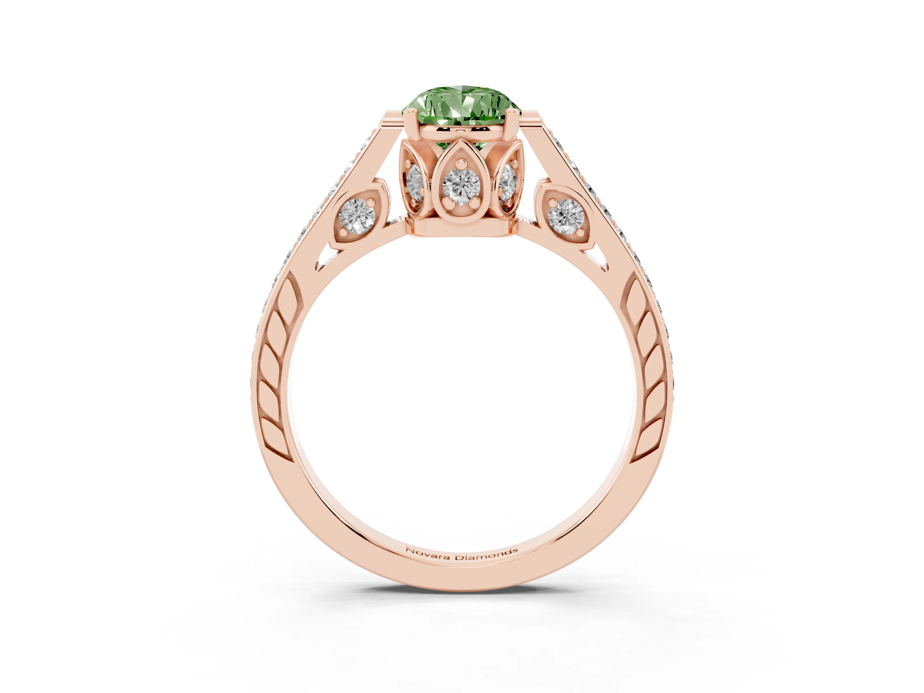Fancy Green Pear Cut Diamond Cathedral Pavé Engagement Ring Set in Rose gold with Prong Setting