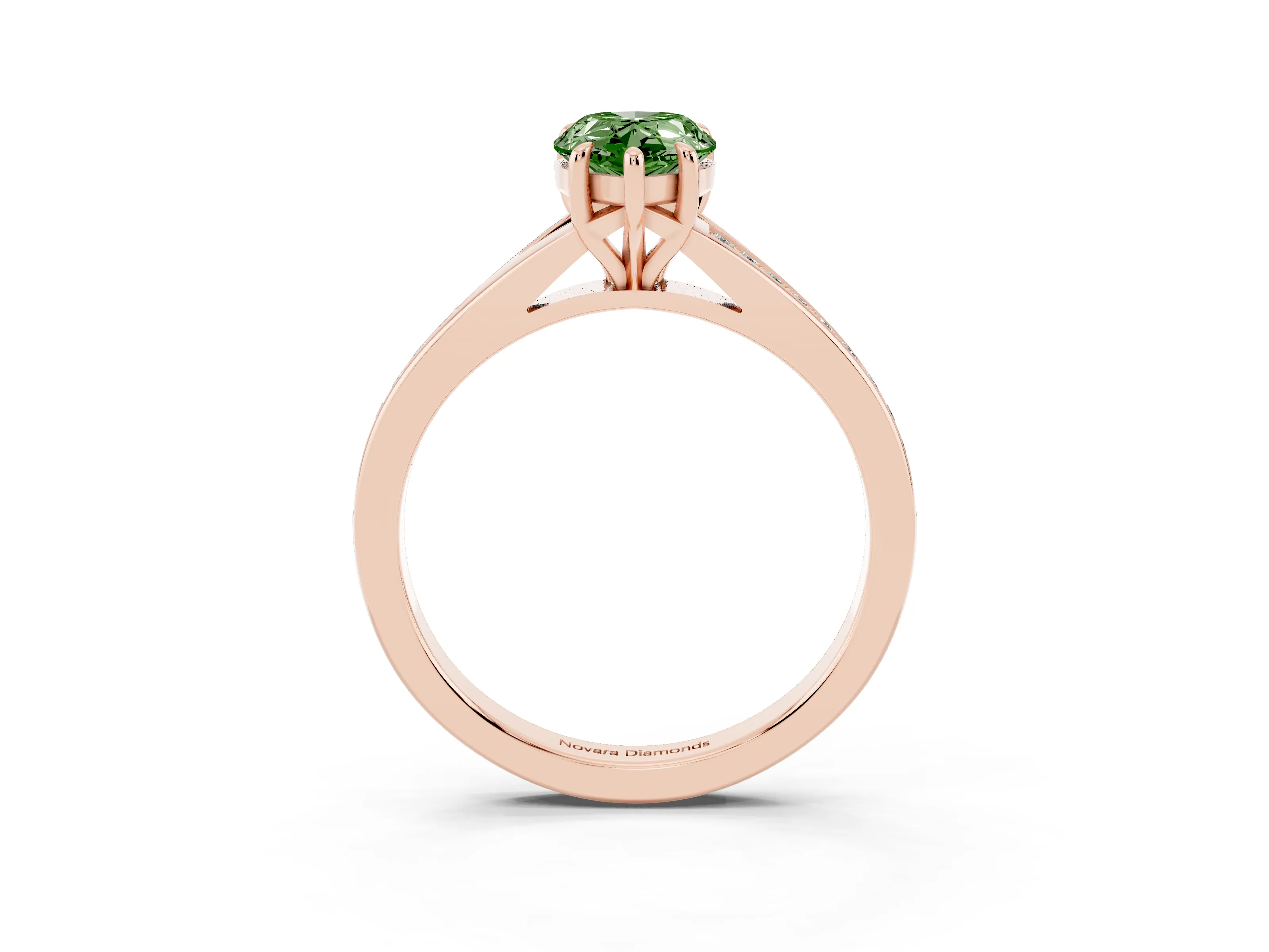 Fancy Green Pear Cut Diamond Solitaire Ring Set in Rose gold with Pavé Accent Band and Classic Prong Setting