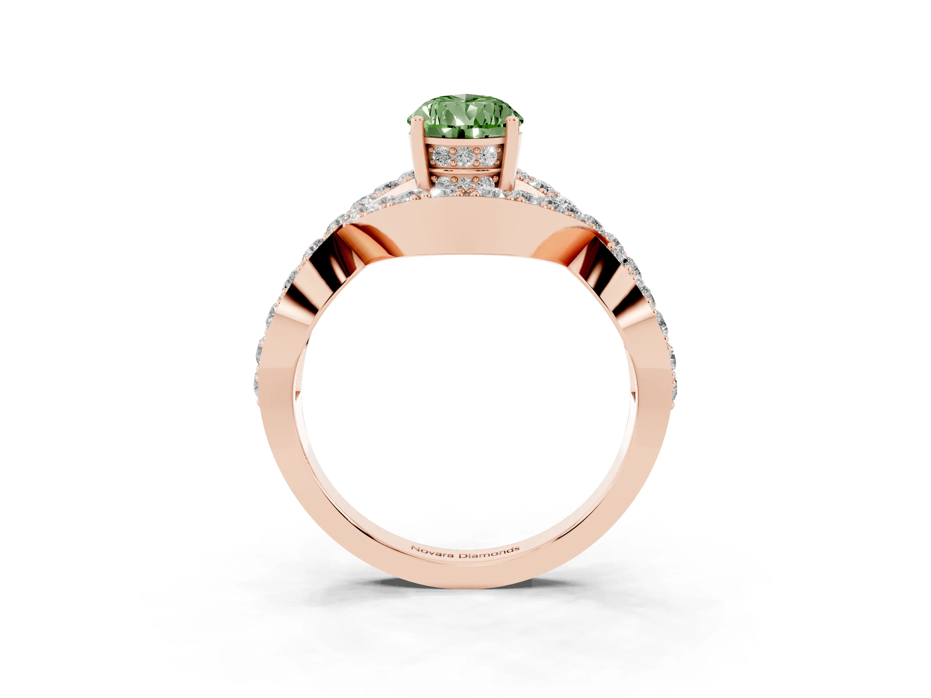 Fancy Green Pear Cut Diamond Solitaire Twist Band Pavé Engagement Ring Set in Rose gold