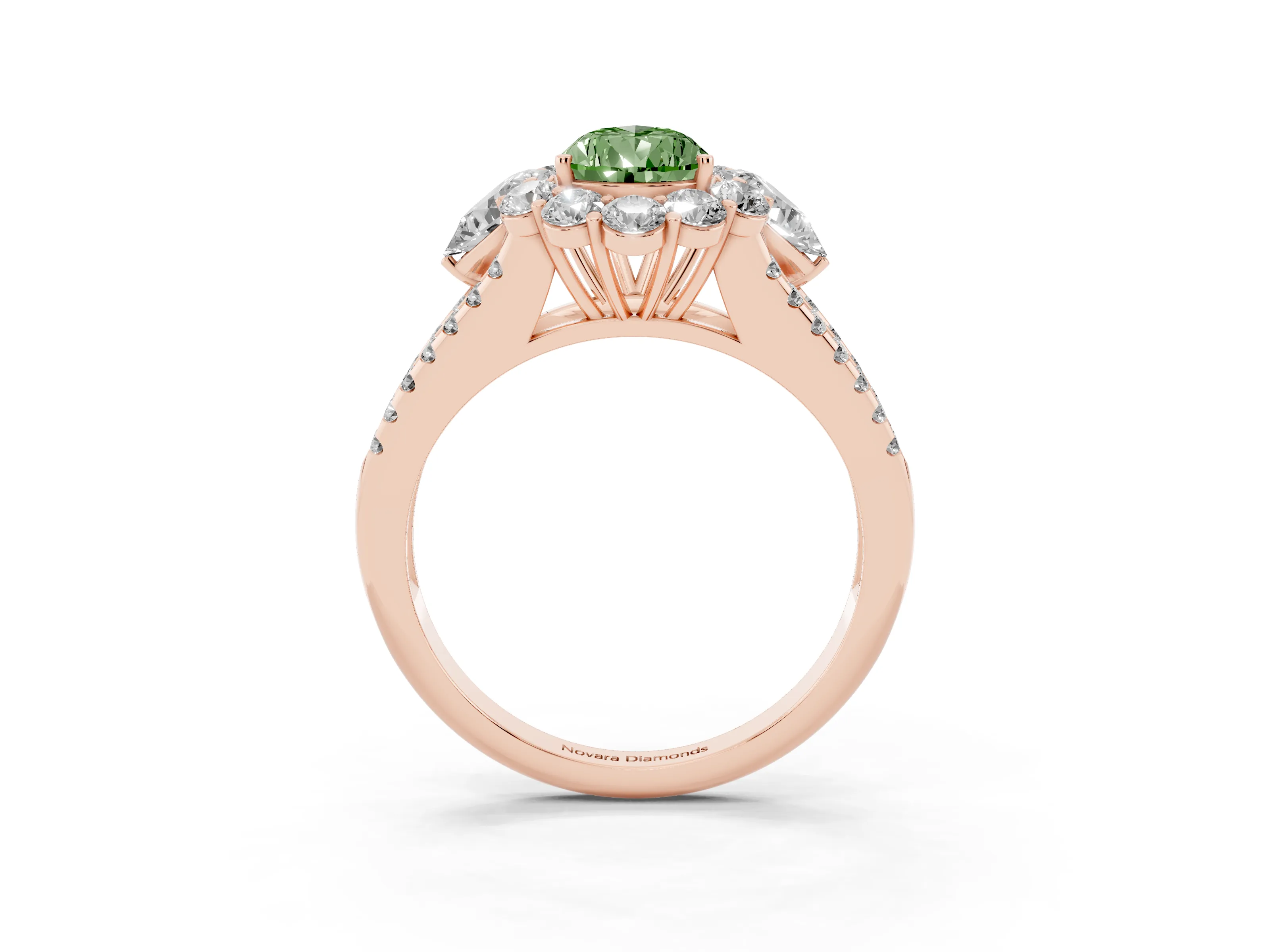 Fancy Green Pear Cut Diamond Halo Split Shank Engagement Ring Set in Rose gold with Prong-Held Center Stone
