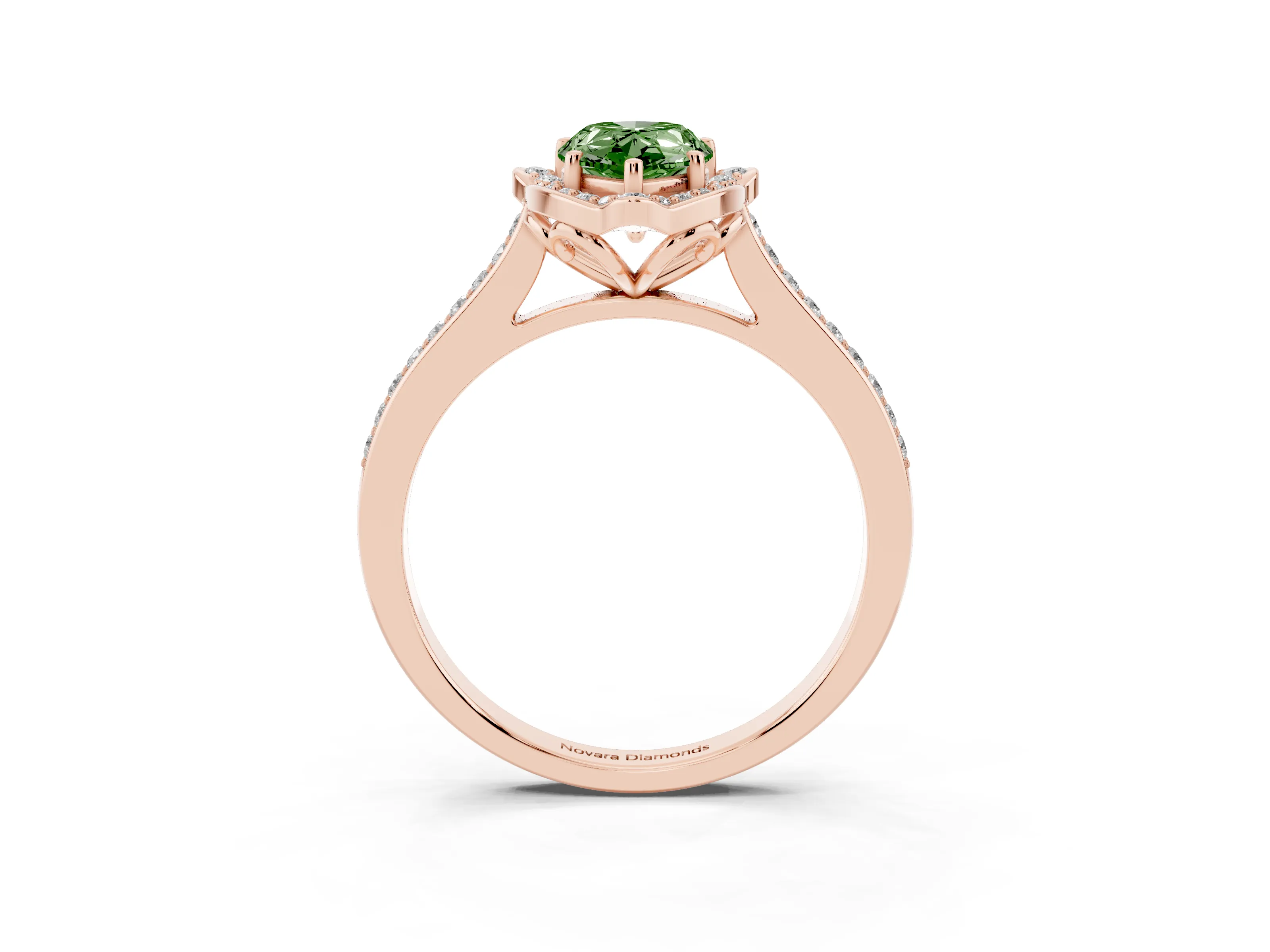 Fancy Green Pear Cut Diamond Halo Ring Set in Rose gold with Pavé-Lined Shoulders and Prong Setting