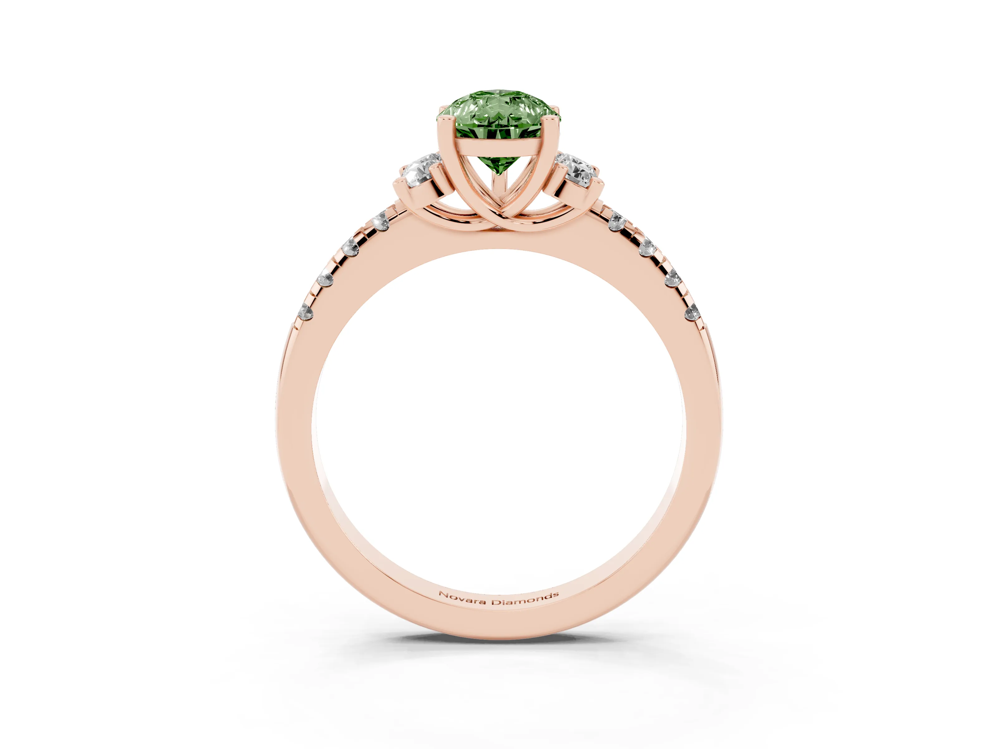 Fancy Green Pear Cut Diamond Three-Stone Pavé Ring Set in Rose gold with Prong Setting