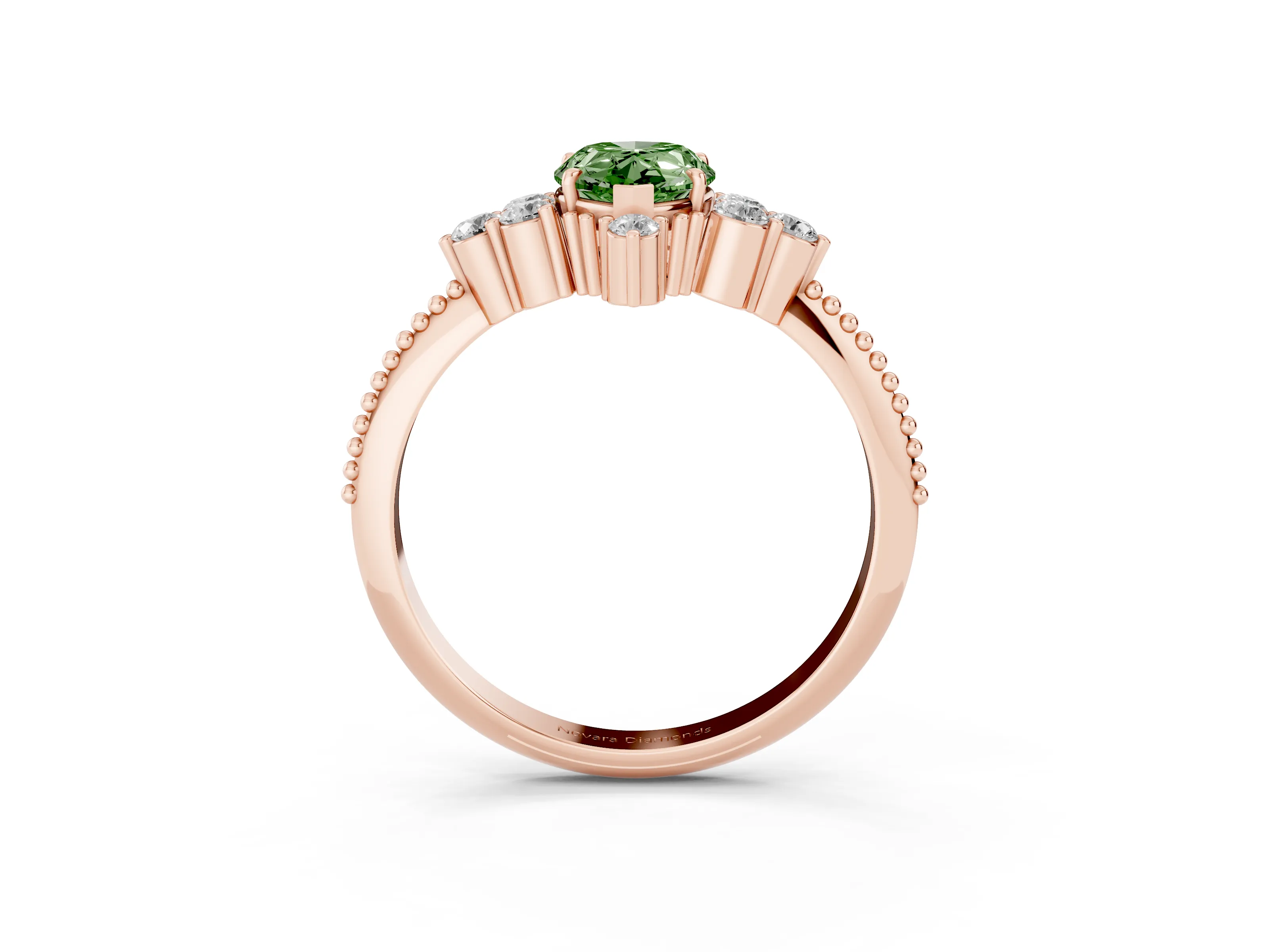 Fancy Green Pear Cut Diamond Cluster Ring Set in Rose gold with Beaded Band