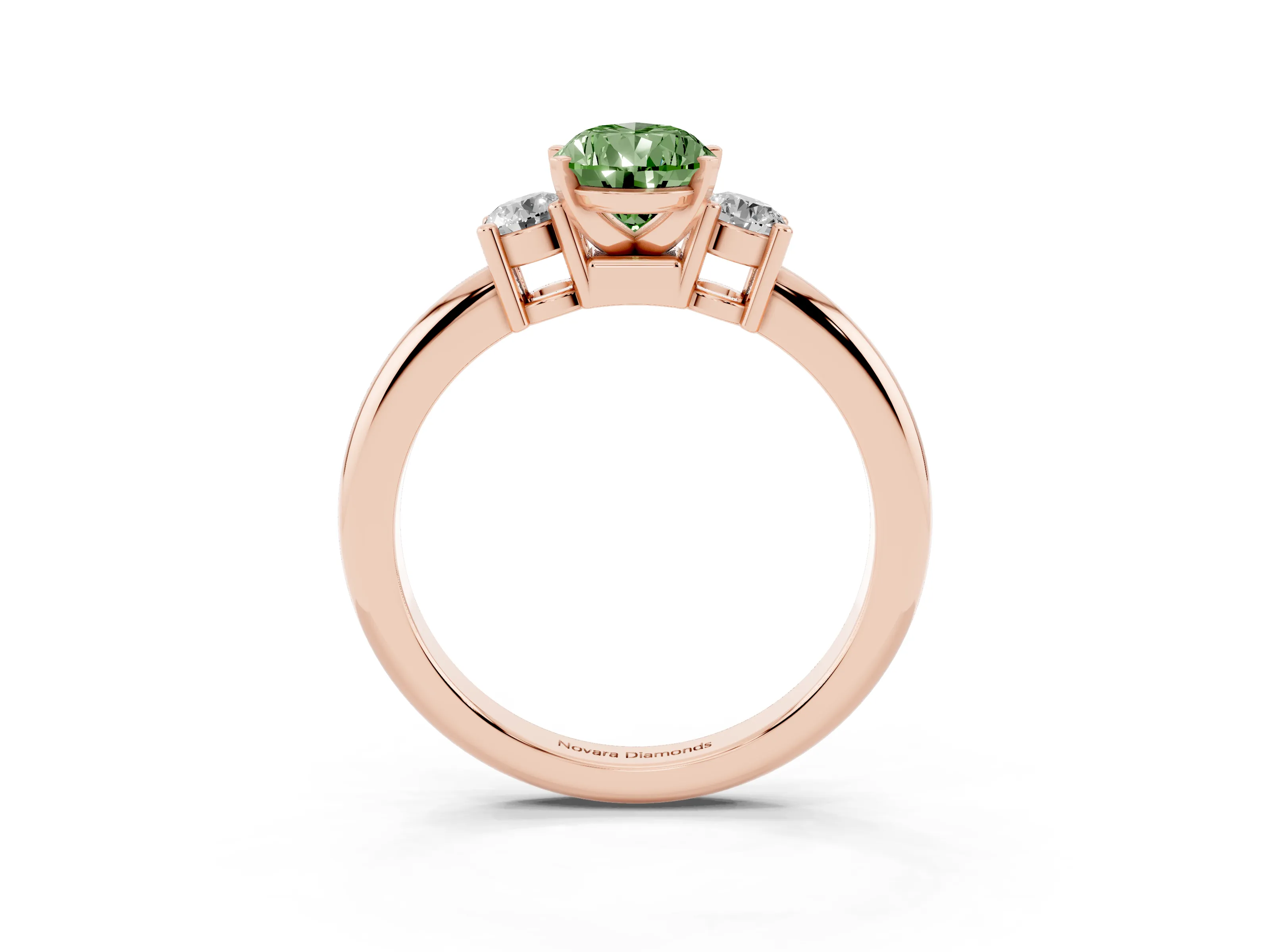 Fancy Green Three-Stone Pear Cut Diamond Ring Set in Rose gold with Prong Setting and Plain Band